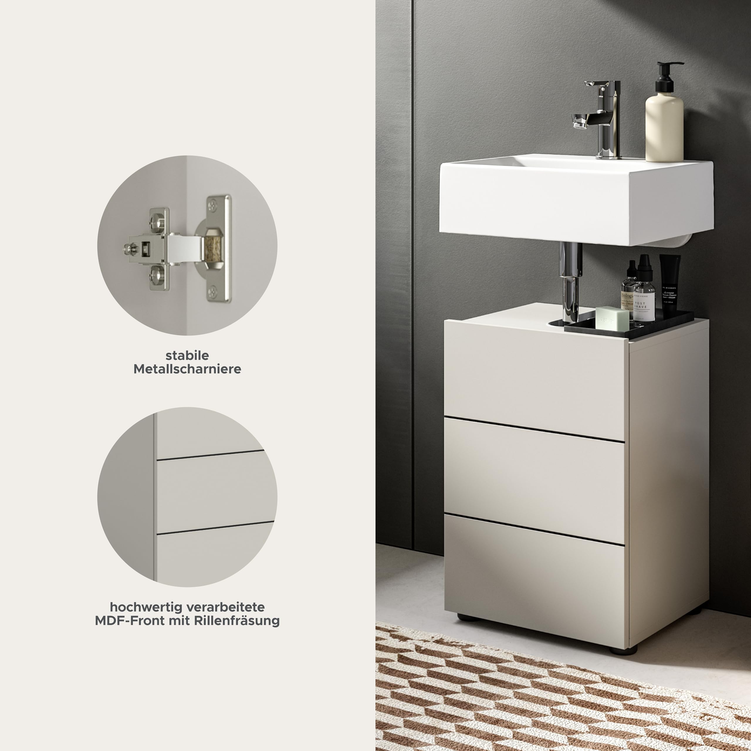 xonox.home – Waschbeckenunterschrank Vira 38x56x34 cm in Kaschmir Nachbildung und Akzenten in Schwarz – Schmaler Bad-Unterschrank für Gäste-WC – Kompakt, modern & pflegeleicht