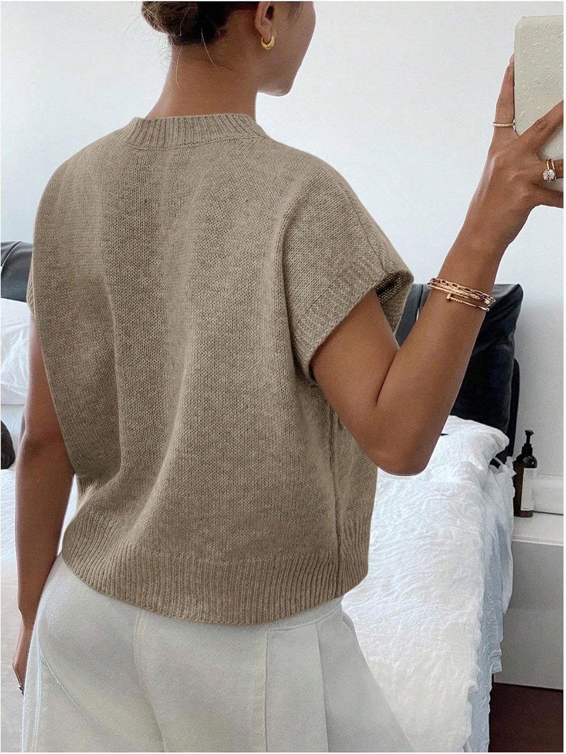 SOLY HUX Women's Short Sleeve Sweater 3D Floral Sweaters Pullover Tank Tops Knit Vest Trendy Fashion Clothing Light Brown Floral Medium - Image 2