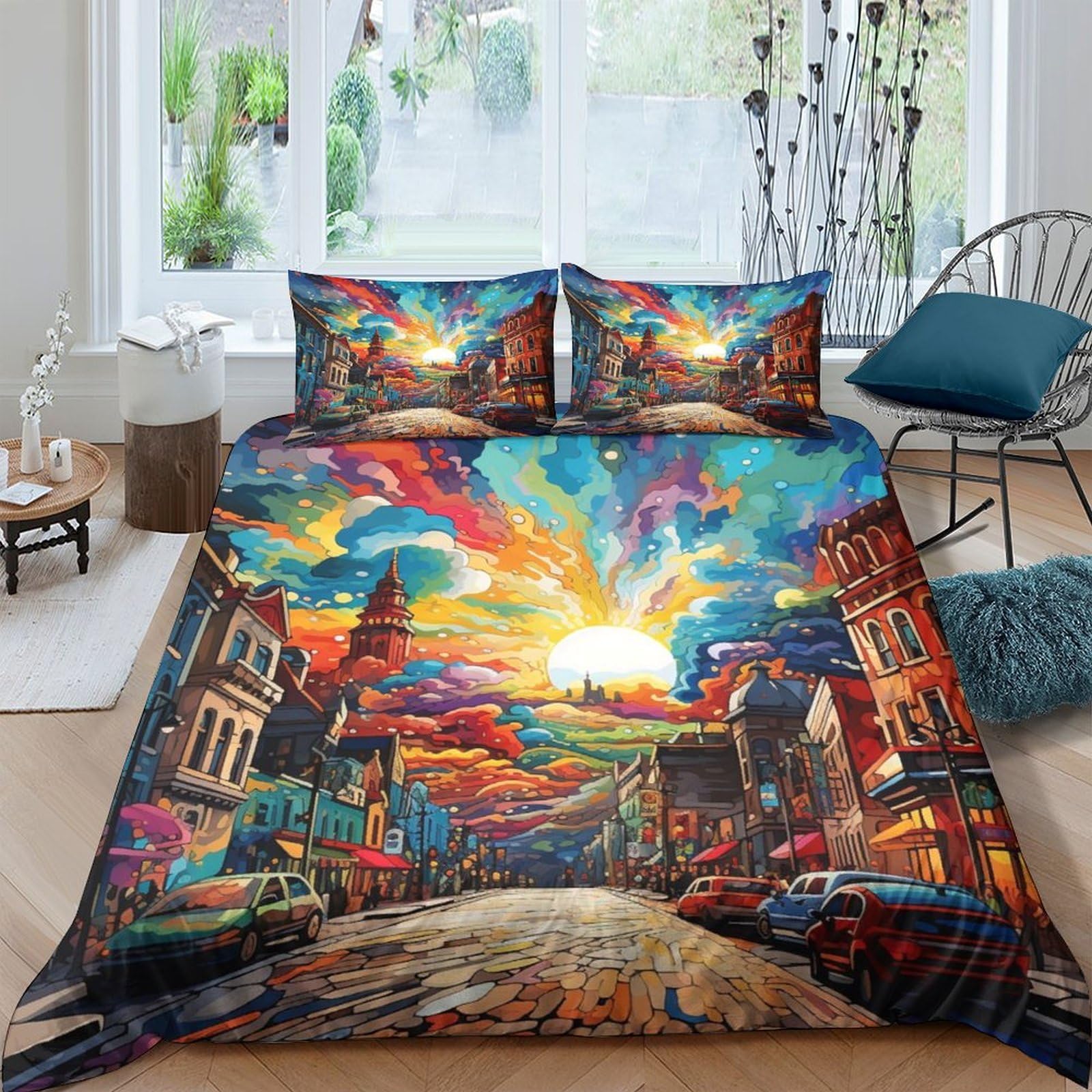 Ctjqhvkz Style-7 3D Printed Colorful Cityscape Fitted Sheet Microfiber Soft Urban Sunset Bed Cover For Bedroom Dorm Room Decor Single（135X200cm）