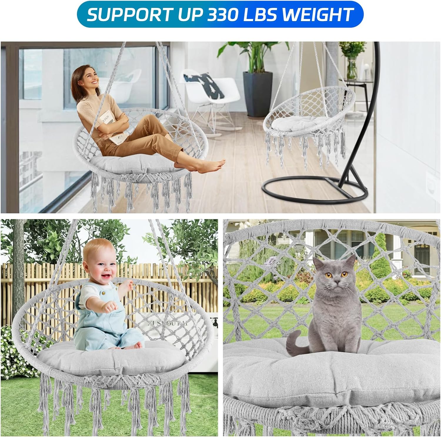 Chair Hanging Swing Chair Max 330 Lbs, Hanging Cotton Rope Swing Chairs with Cushion and Hardware Kits, Hanging Chairs for Indoor Outdoor Bedroom Patio Garden (Grey)