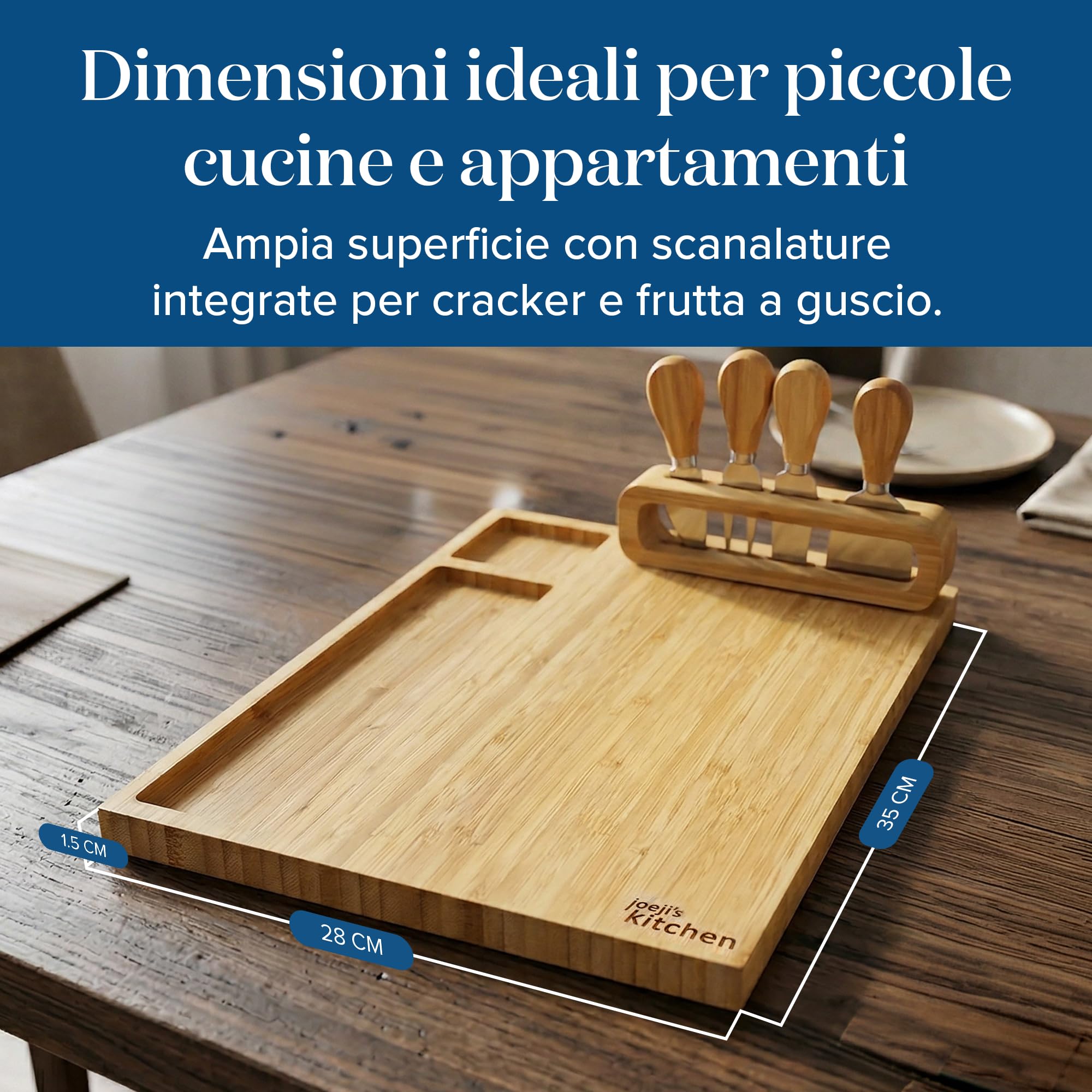 joeji's Kitchen Tagliere per Formaggi Aperitivo in Legno di Bambù - Set formaggio e coltelli con Quattro Utensili - Regali di Natale, regali di inaugurazione della casa, regali di anniversario