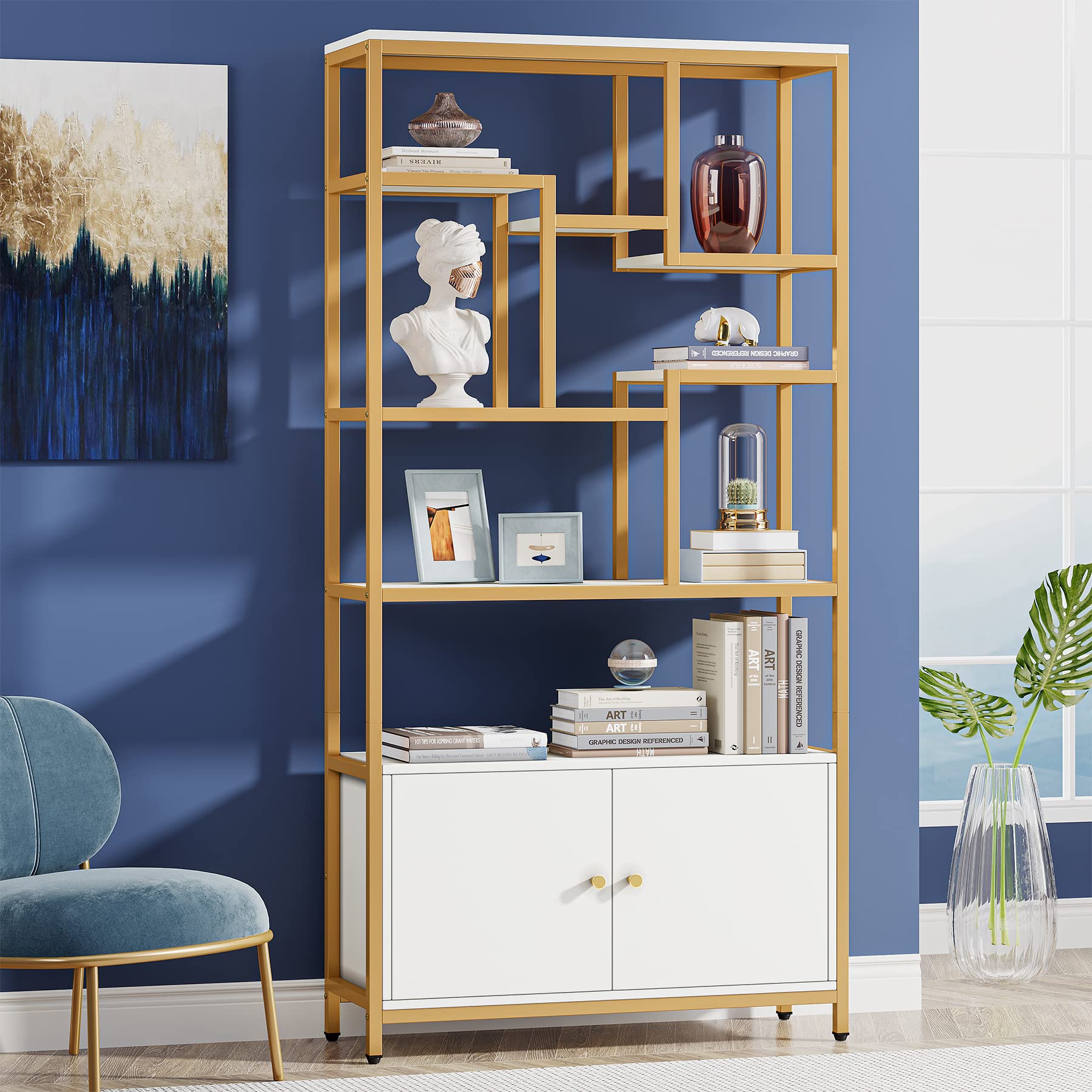 Buy Tribesigns White Gold Bookshelf Bookcase with Doors 74 Inches Tall Bookshelf, Modern Gold