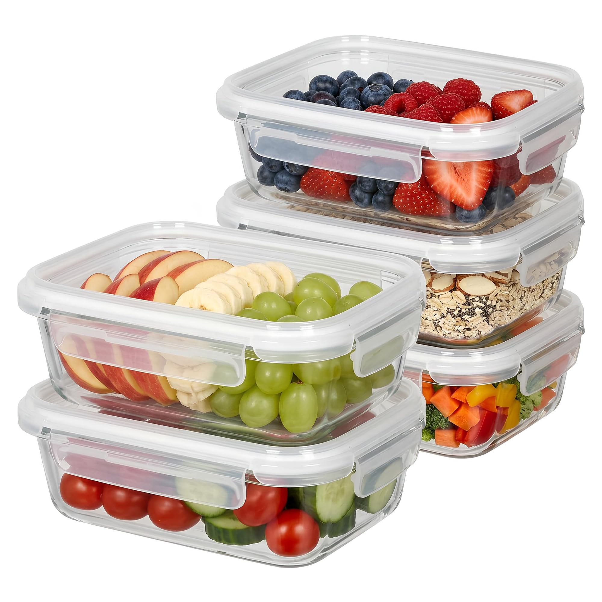 Harbour Housewares Clear/White Glass Containers With Airtight Lids - 5 Pack - 1040Ml Lunch Box Tubs Bpa-Free Meal Prep Containers Reusable Leak Proof Food Storage Tubs, Oven Safe, Freezer Safe