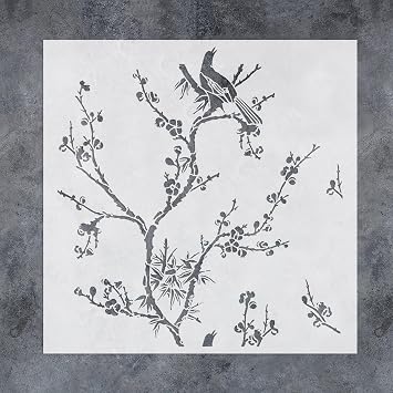 GSS Designs Bird Watching Stencils 12x12Inch Reusable Bird on Tree Branch Stencil for Wall Fabric Furniture Flourish Flower Stencils