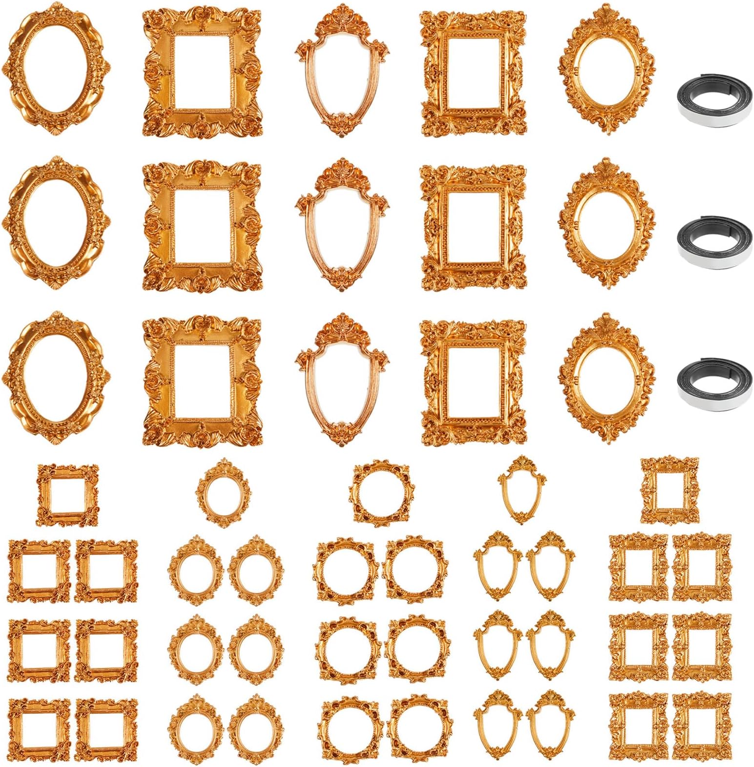 50 Pcs Mini Gold Picture Frames with Magnetic Tape Small Vintage Resin Antique Miniature Tiny Frames DIY Baroque for Photo Jewelry Home Wedding Decor