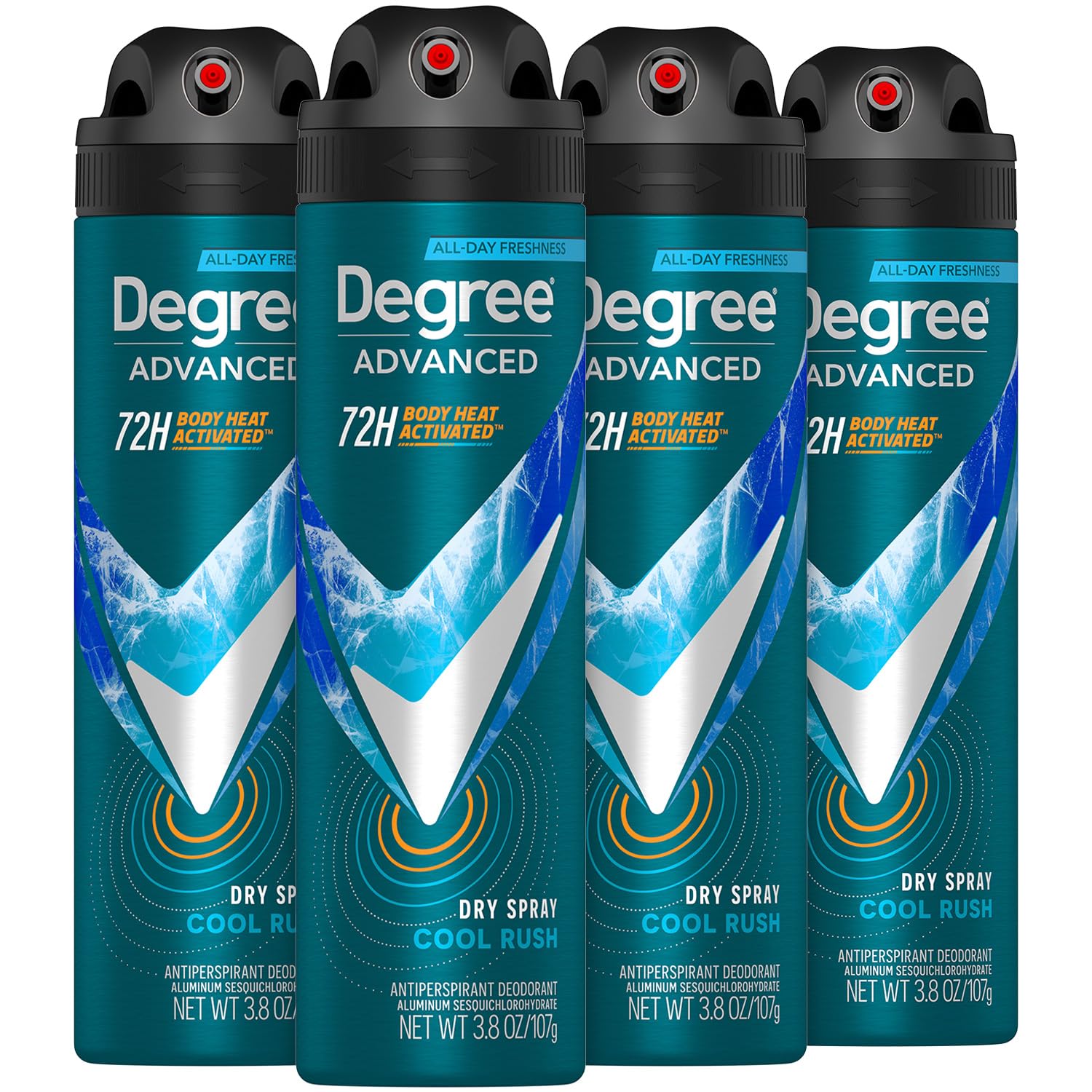 Degree Men Advanced Dry Spray Antiperspirant, Cool Rush, 4-Pack, 3.8 Oz Ea | 72H Non-Stop Odor & Sweat Protection | Body Heat Activated | Crisp, Sporty, Clean Scent