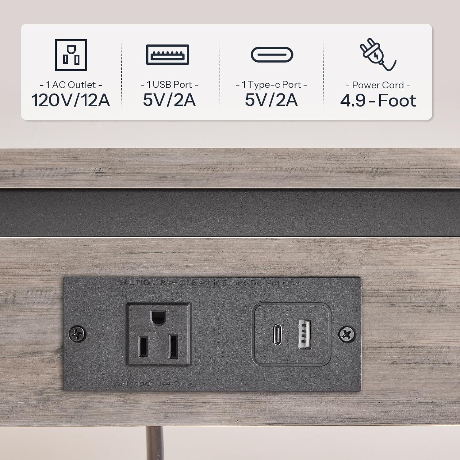 Close-up of the charging station with AC, USB, and Type-C ports