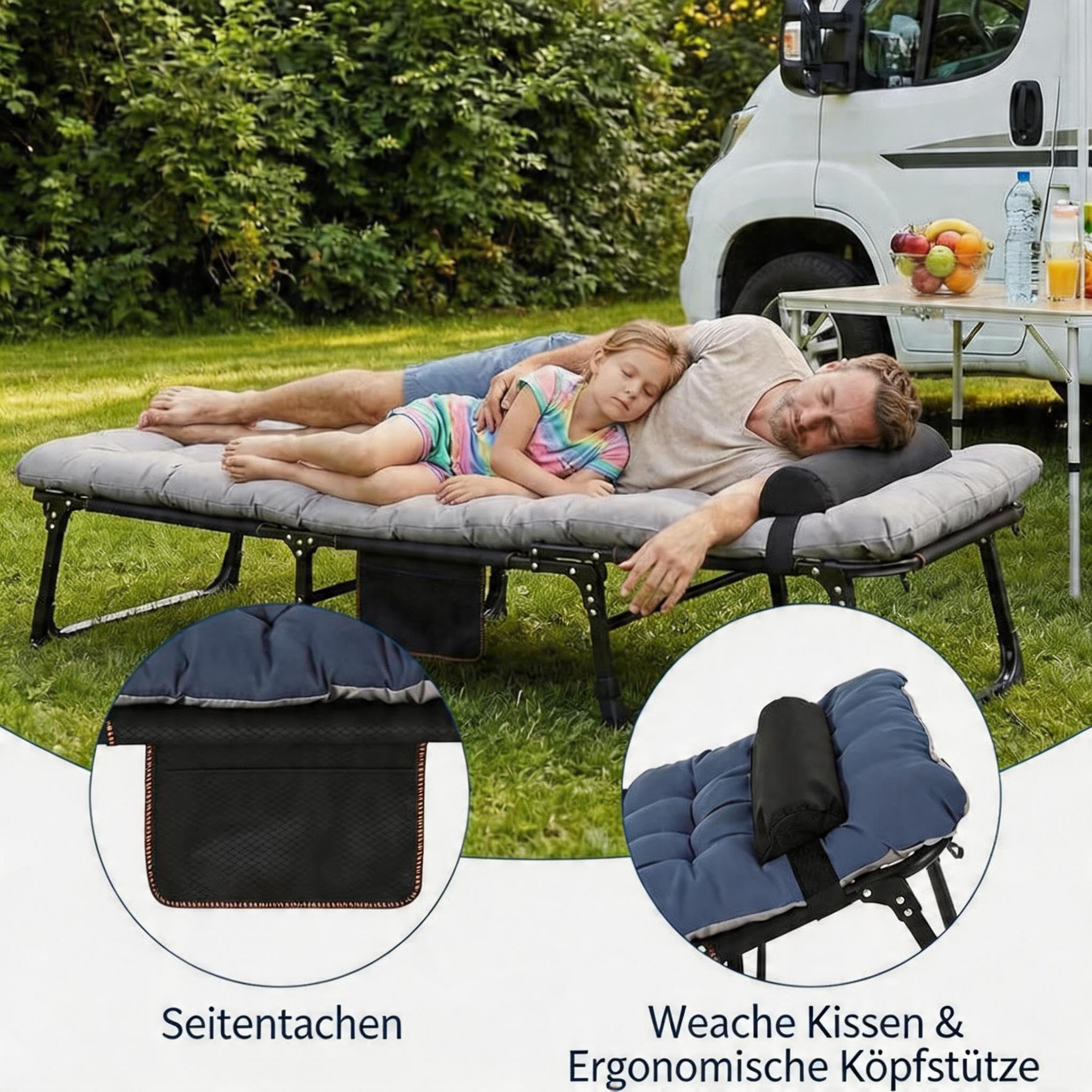 Garvee Campingbett Klappbar mit Matratze 200cm Feldbett Belastbar 8-Beine Stabiles Gästebett Blau