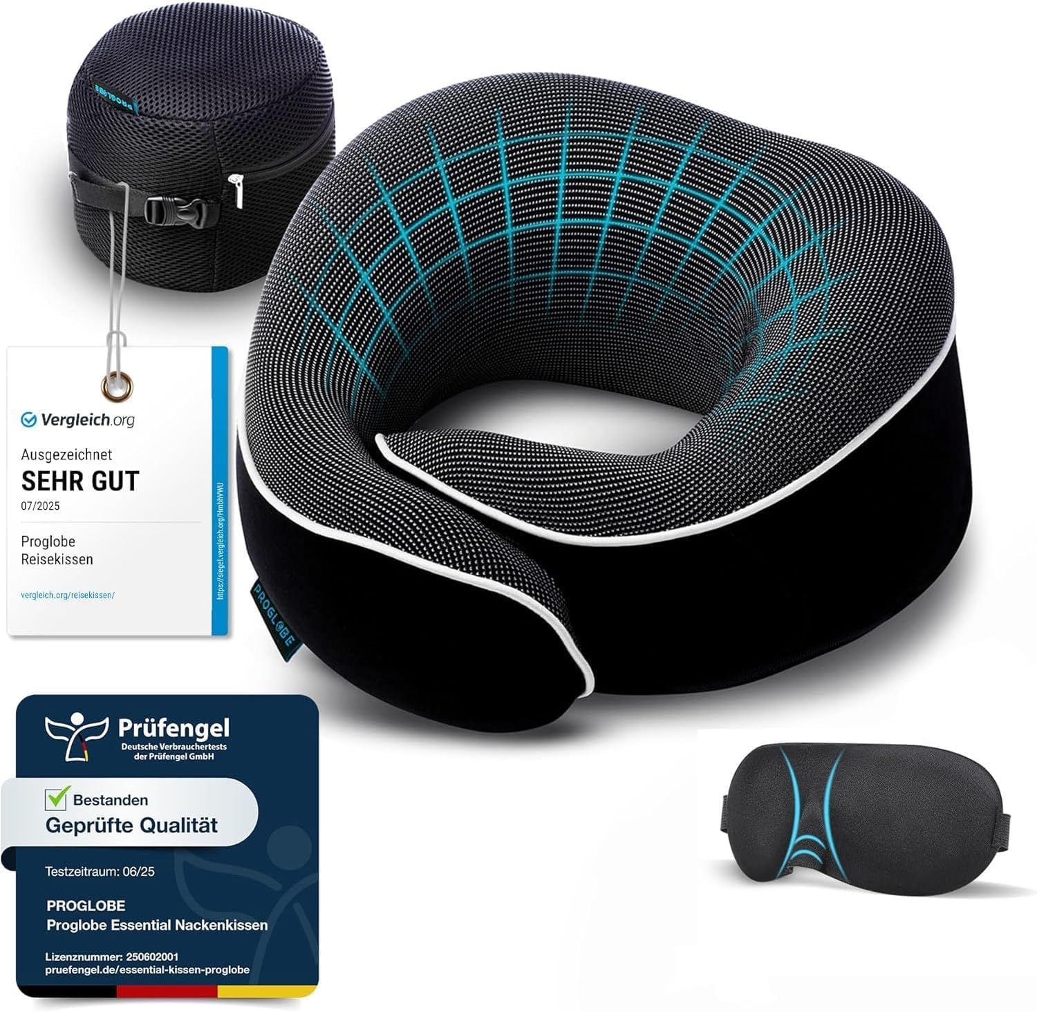 Proglobe Nackenkissen Flugzeug, Reisekissen 100% Memory Foam, Orthopädisches Nackenhörnchen, Ideal für Reisen mit Flugzeug, Auto, Zug, Mit 3D-Schlafmaske, Hochwertige Netztasche (Schwarz)