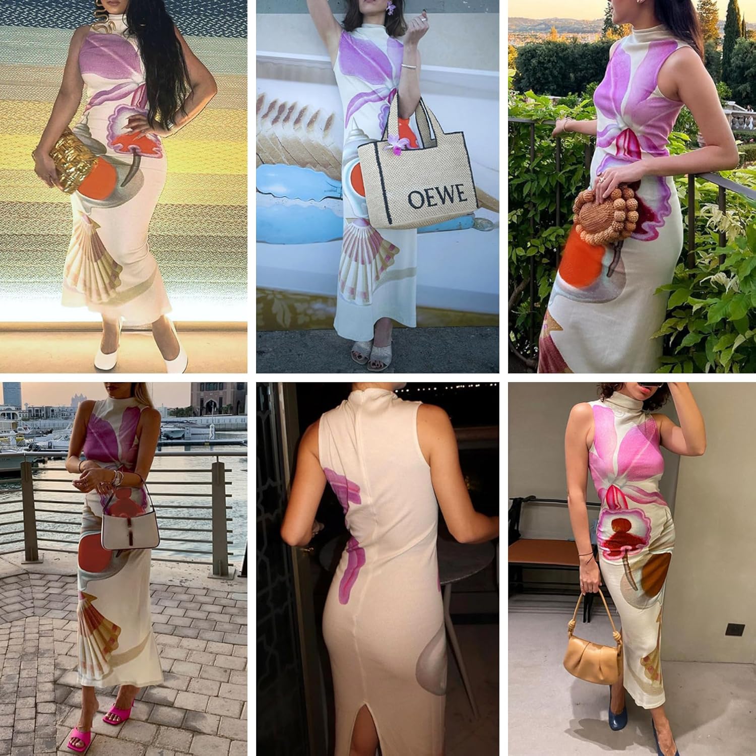 Women's Sexy Sleeveless Floral Printed Maxi Dress Ribbed Knit Mock Neck Bodycon Long Dress Cocktail Party Dresses - Image 4