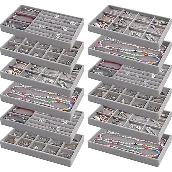 YEXEXINM Pack of 12 Velvet Jewellery Trays Premium Stackable Jewellery Drawer Organiser Trays Jewellery Storage Display Trays for Necklace Earring Ring Bracelet Grey Multi-Grid