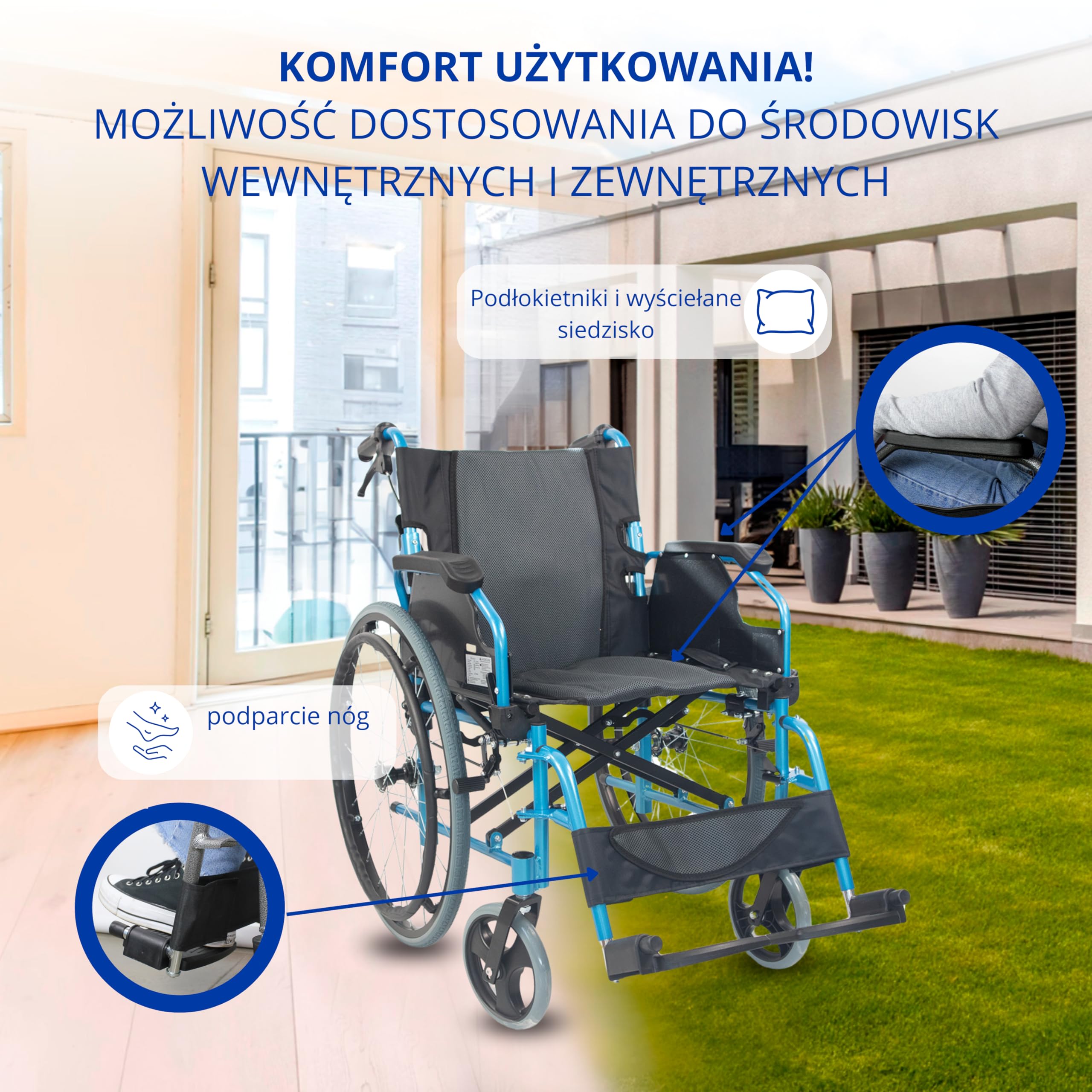 Składany wózek inwalidzki | Aluminium | Dzielone oparcie | Składane podłokietniki | Niebieski | Bolonia | Mobiclinic