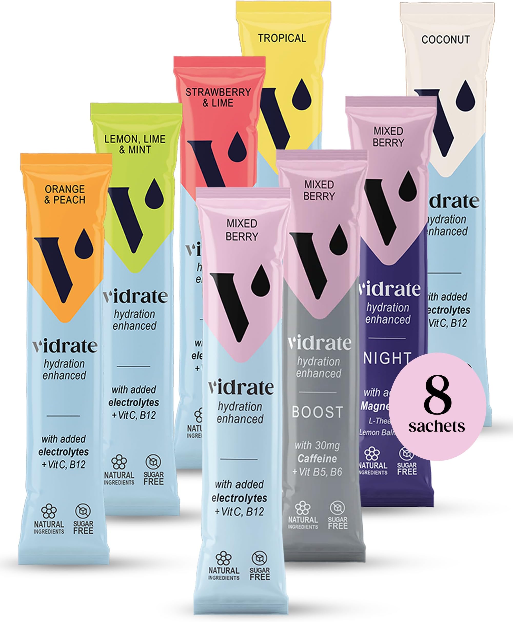 Vidrate Electrolytes Powder - Hydration Sachets Packed with Vitamins - Zero Sugar Rehydration Sachet with No Artificial Sweeteners & Preservatives - Mixed Berry Variety Pack, 8 Electrolytes Sachets