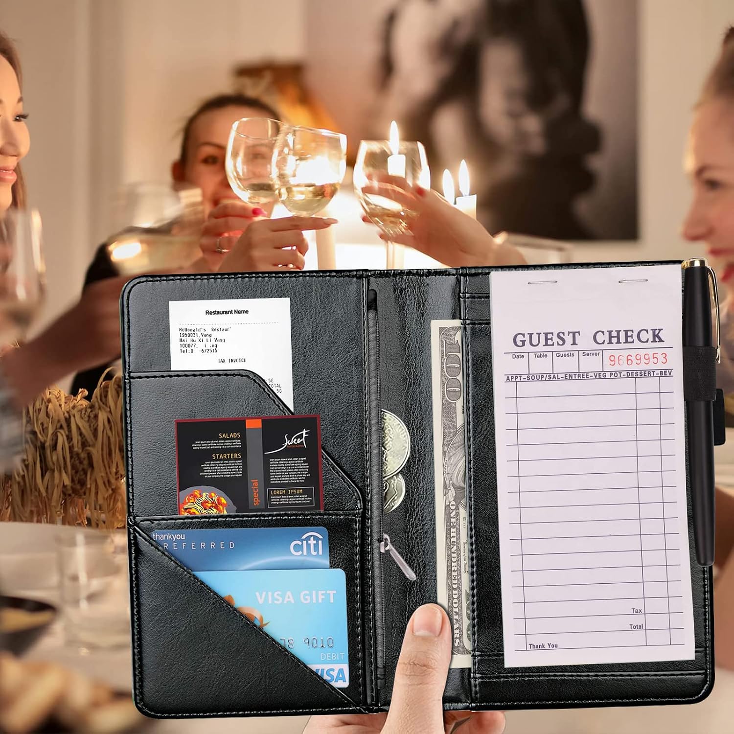 Server Books for Waitress-Leather Waiter Book Server Wallet with Zipper Pocket,Guest Check Book Waitstaff Organizer with Money Pocket Fit Server Apron,US American Flag