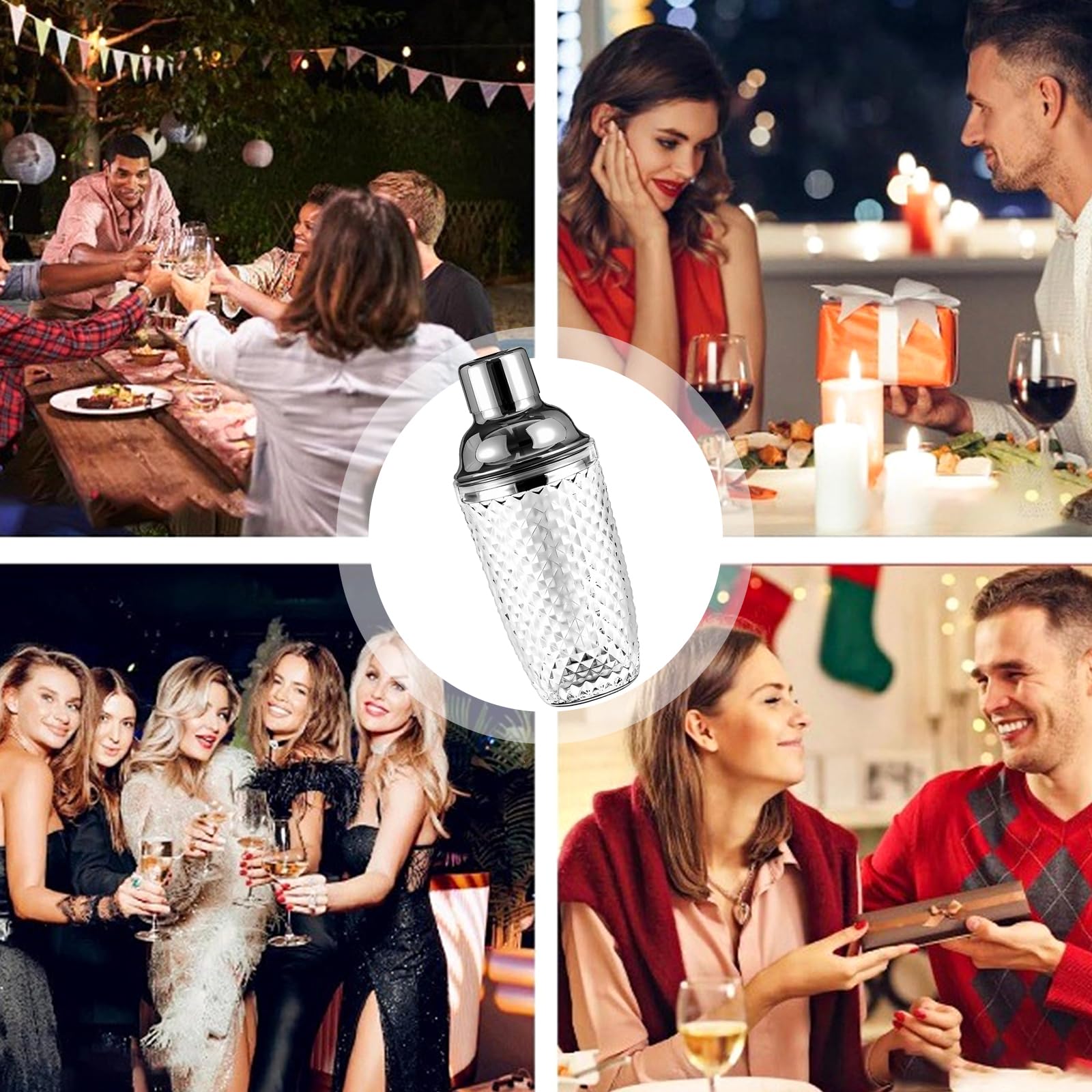 Shaker da Cocktail 400 ml, Set di shaker per cocktail in Acciaio inox e Vetro, Shaker con colino misurino e cucchiaio per casa, bar, vino, succhi di frutta misti, bevande (Argento-1)