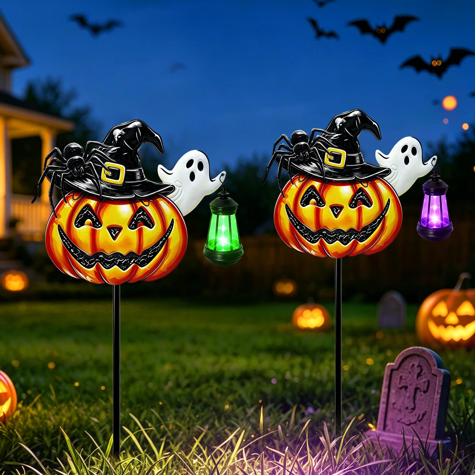 VOOKRY 2 Pack Halloween Pumpkin Lights Outdoor,Metal Pumpkin Stake &amp;Lantern