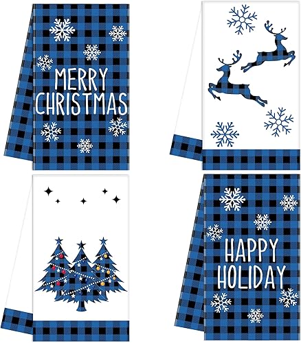 peony man 4 paños de cocina de Navidad de búfalo azul, paños de cocina decorativos de Feliz Navidad, copos de nieve, árbol de Navidad, toalla de té