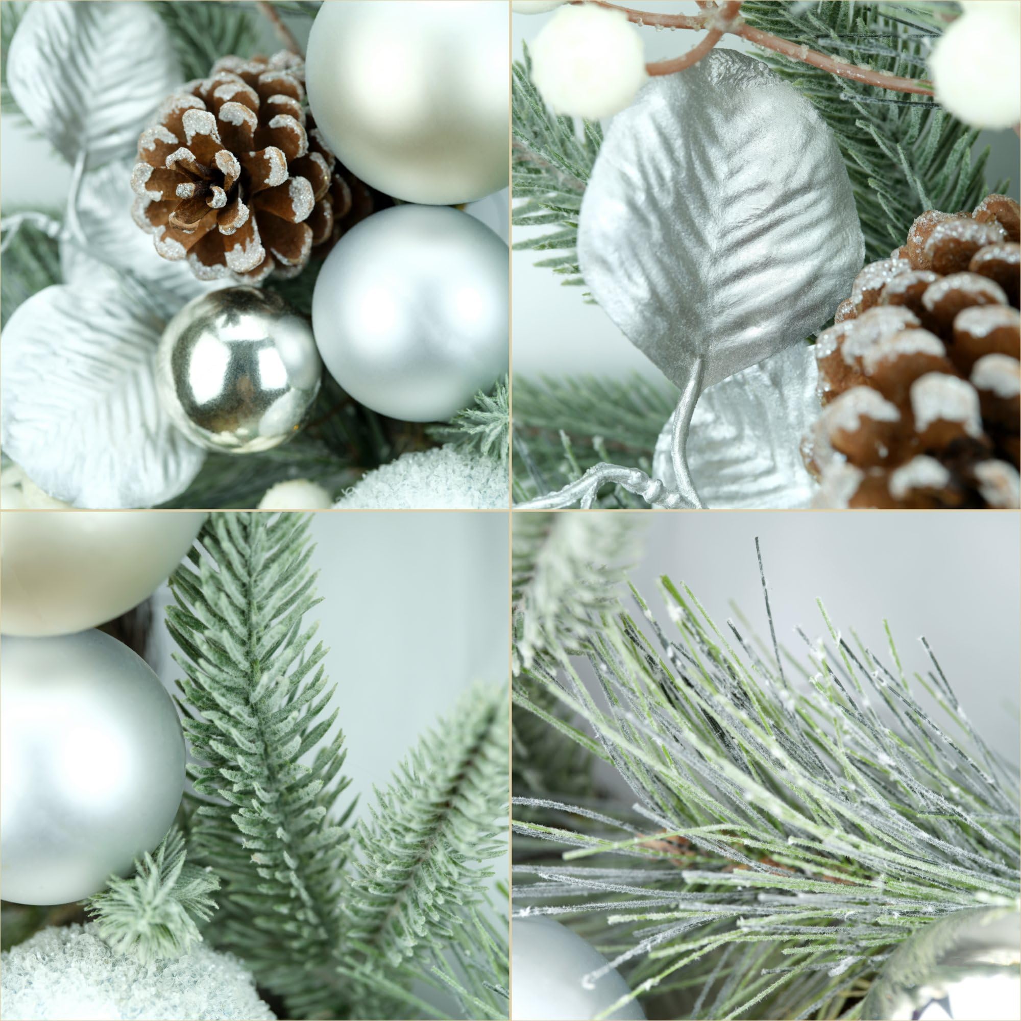 YULETIME Weihnachtskranz, 50,8 cm, Kugeln, Beeren, Tannenzapfen, Blätter, bereifte Fichtenzweige und Tannennadeln (Silber) | Silberfarbene Kugeln, weiße Beeren, Tannenzapfen, silberfarbene Blätter, gefrostete Fichtenzweige und Tannennadeln