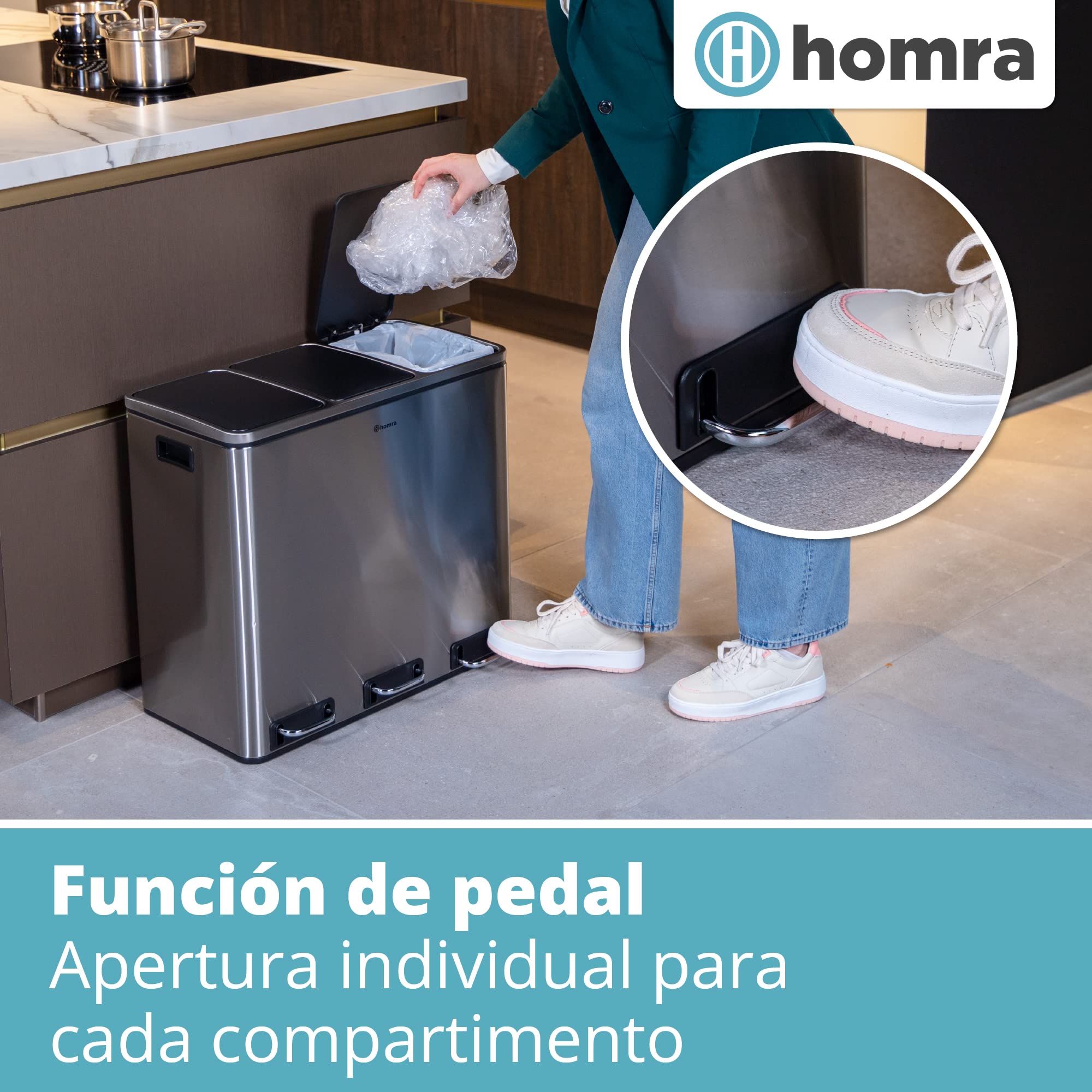 Homra Sparq - Papelera de reciclaje con 3 compartimentos, 54 L (3 x 18 litros) - Cubo triple grande - Cubo de basura con diseño de acero inoxidable