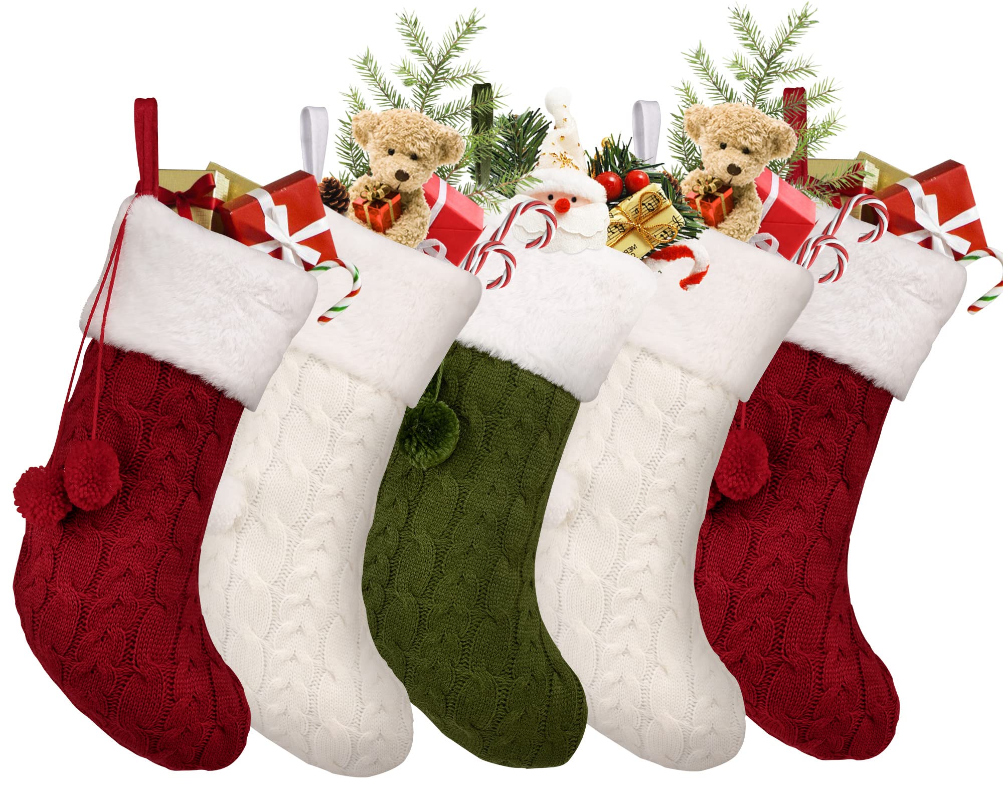 MIKODA Pack 5, 16" Unique Combination of White, red, Green, Knitted Christmas Stockings
