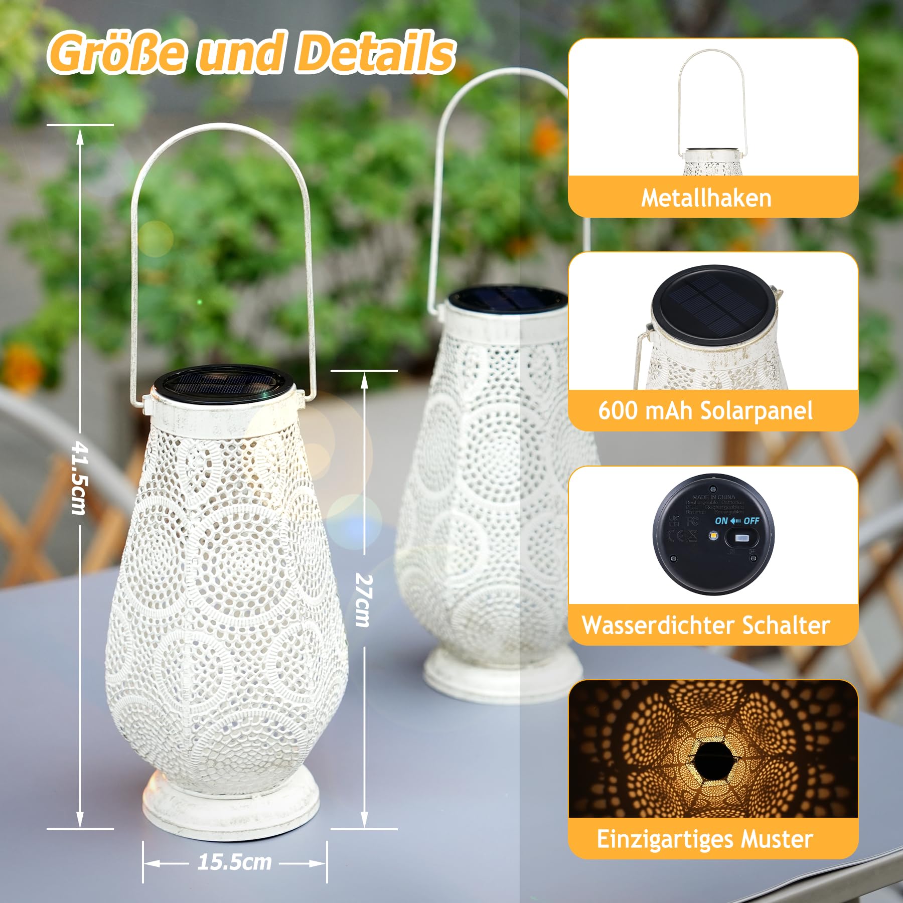 Farolillo solar LED para exterior grande, lámpara solar de metal para exterior colgante