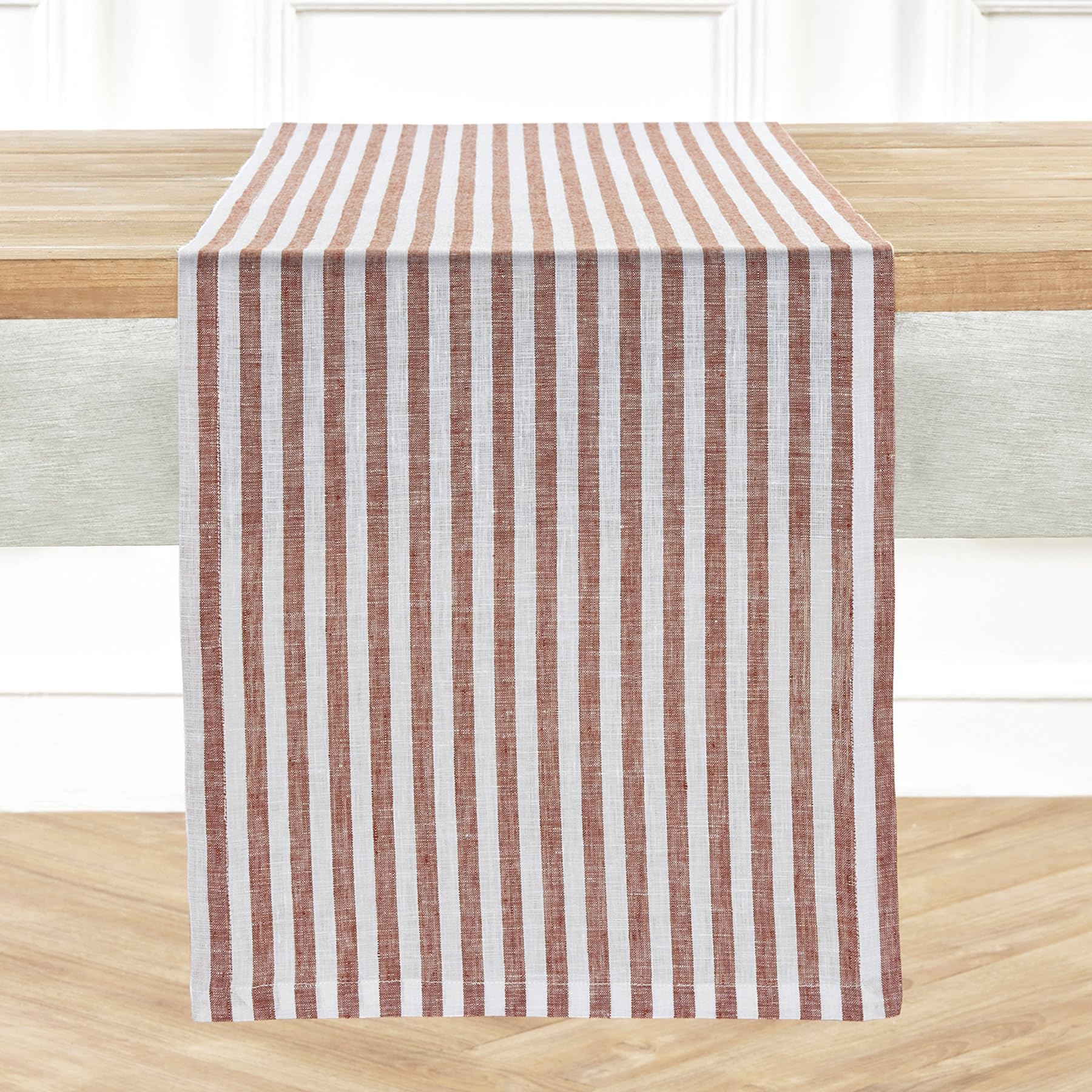 Solino Home Linen Table Runner 48 Inches - Amalfi Stripe 100% Pure Linen Cinnamon and White Farmhouse Table Runner 14 x 48 Inch Ideal for Dresser and