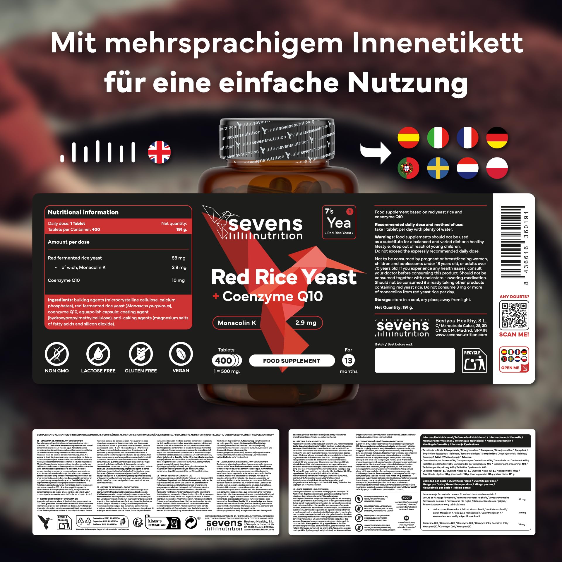 Roter Reis Hochdosiert - 400 Premium-Tabletten - Mit Coenzym Q10 - Monascus purpureus - Fermentierter Roter Reis - 100% Natürlich, Gluten- und Laktosefrei