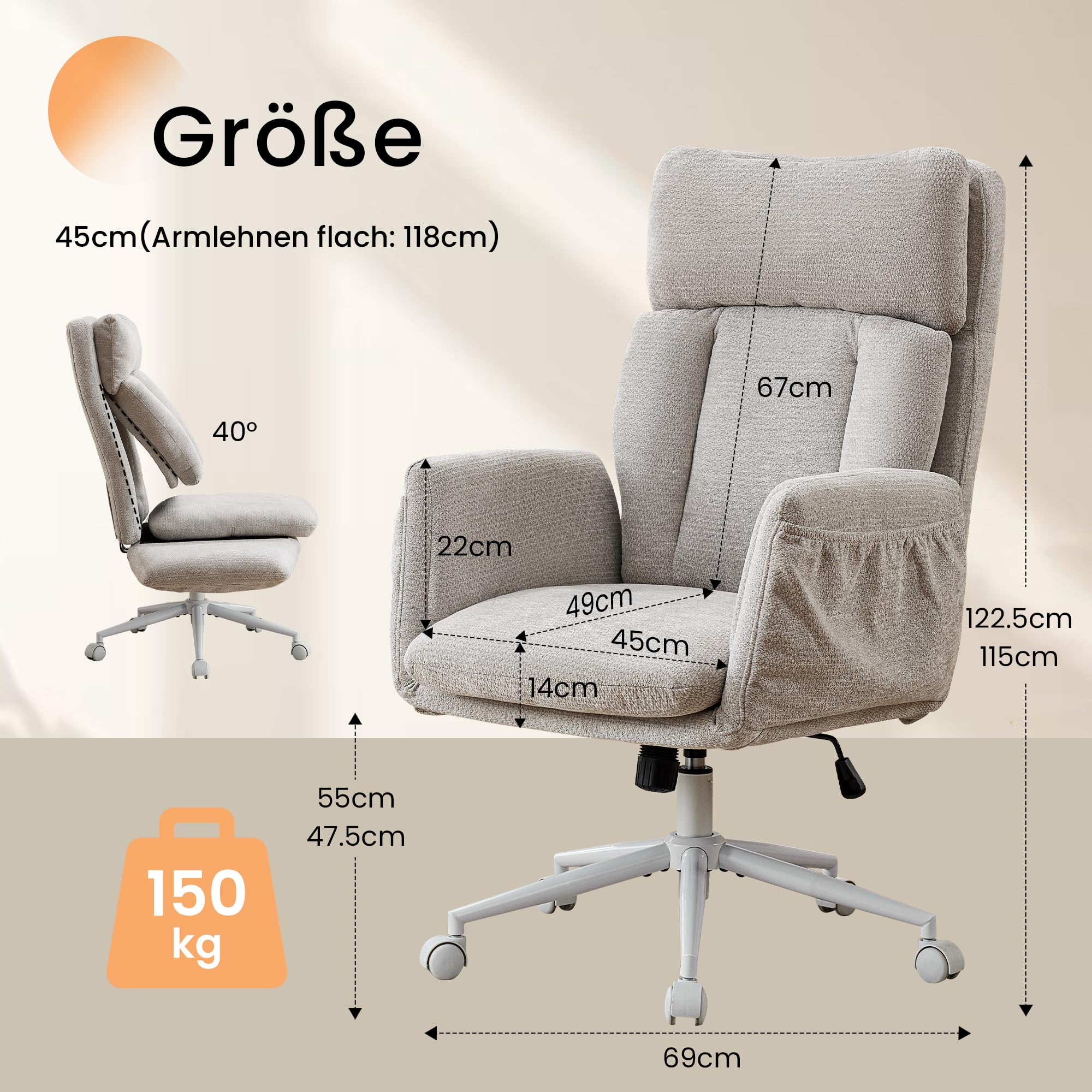 Großer Bürostuhl ergonomisch, Chefsessel mit klappbaren Armlehnen, höhenverstellbar Schneidersitz Schreibtischstuhl mit Rollen, Chenille Drehstuhl mit Verstellbarer Lendenstütze, Grau