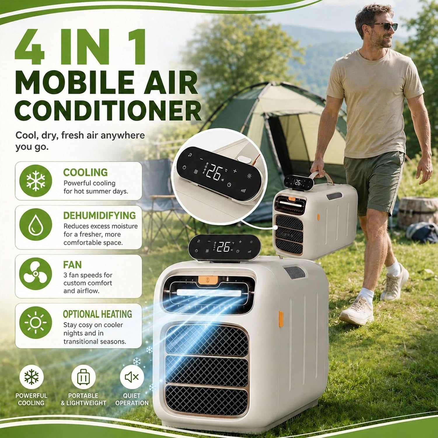 Przenośna klimatyzacja 450 W, klimatyzator kempingowy, klimatyzator kempingowy z pilotem, 45 dB Cichy przepływ powietrza, samoparowanie do przyczepy kempingowej RV A, chłodzenie+ogrzewanie, chłodzenie