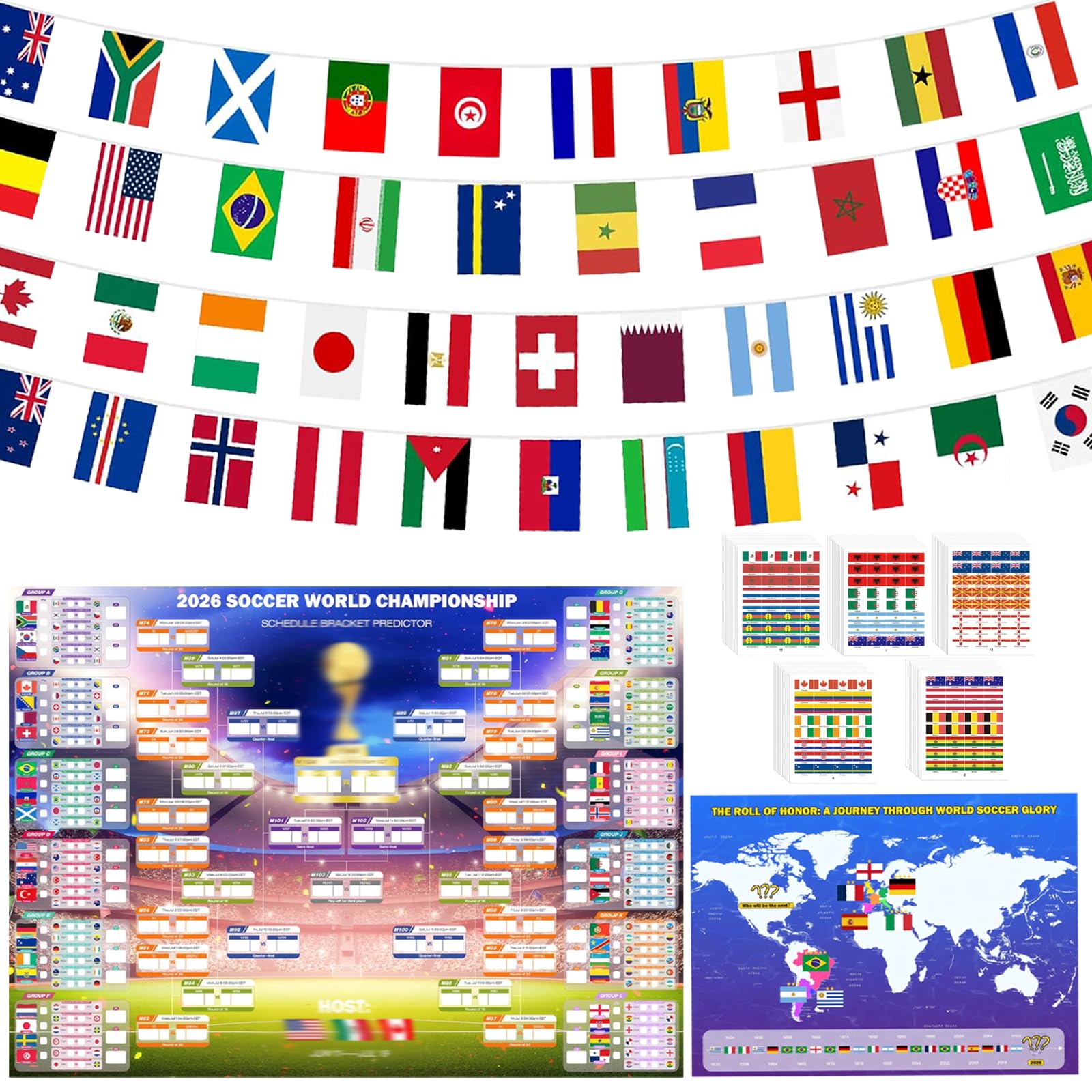 GxouQcn World Cup Flags, 2026 World Cup Wall Chart, 22 Piece Set with 48 Nation Bunting and Large Poster, Football World Cup 2026 Decorations for Fans and Parties, Complete Stickers and Schedules