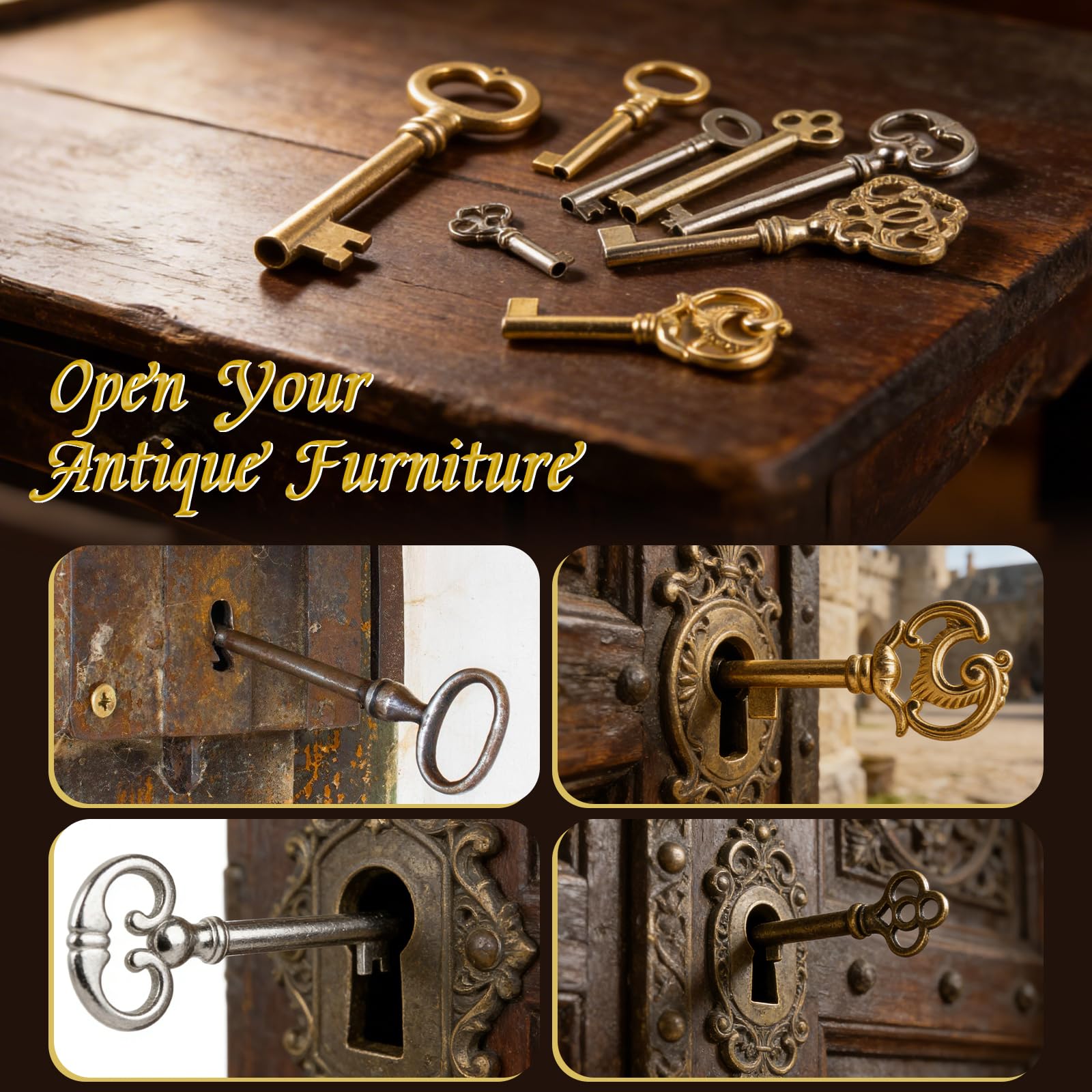 19 Stück Universal-Ersatzschlüssel-Kit,Geeignet für alte Möbeltüren, antike Frisiertische, Vintage-Uhren, chinesische Schrankschlösser usw, verleiht antiken Möbeln einen dekorativen Touch