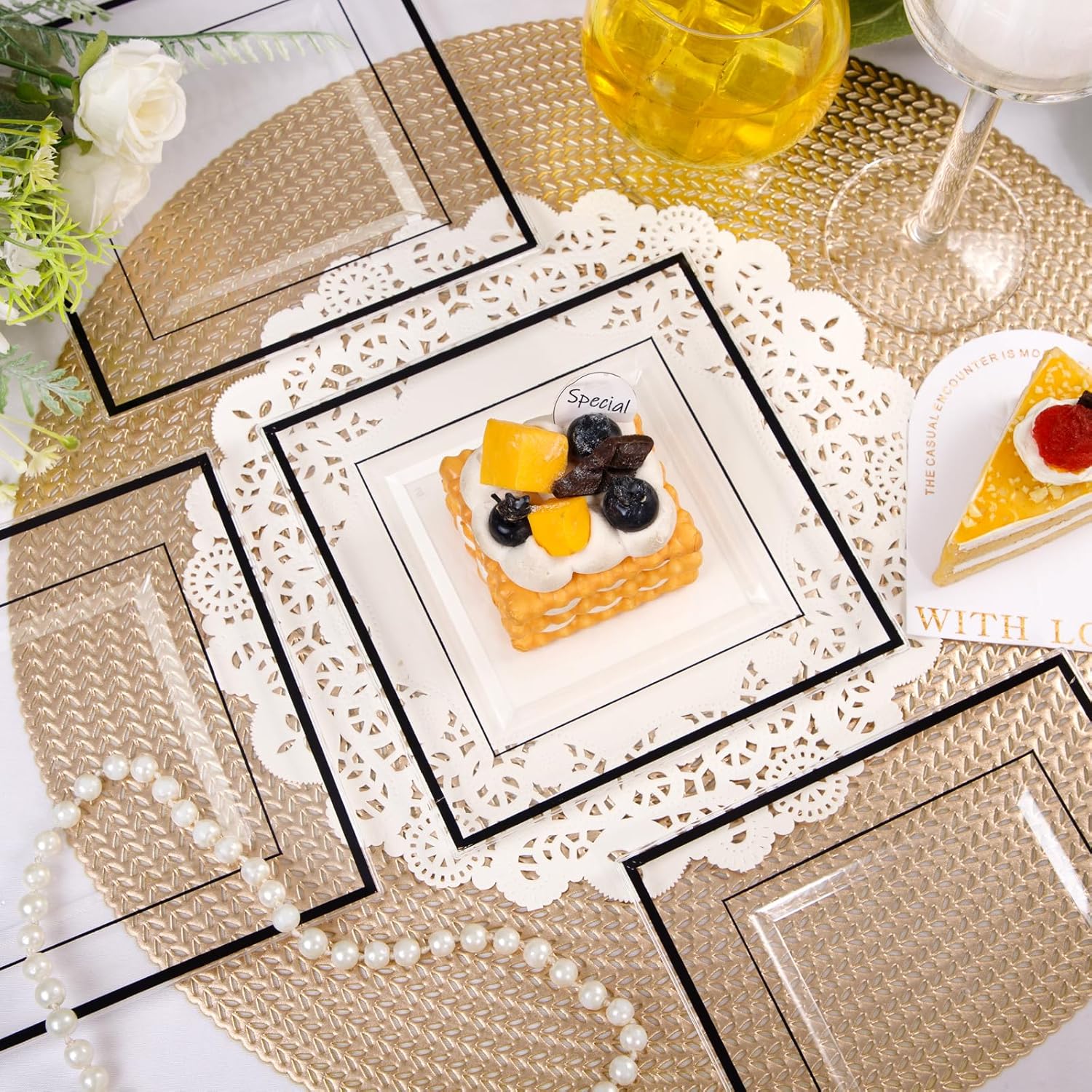 bUCLA 100PCS Black Square Plastic Plates Disposable - 6 inch Clear and Black Dessert/Cake Plates - Premium Hard Square Small Appetizer for Party, Halloween & Graduation