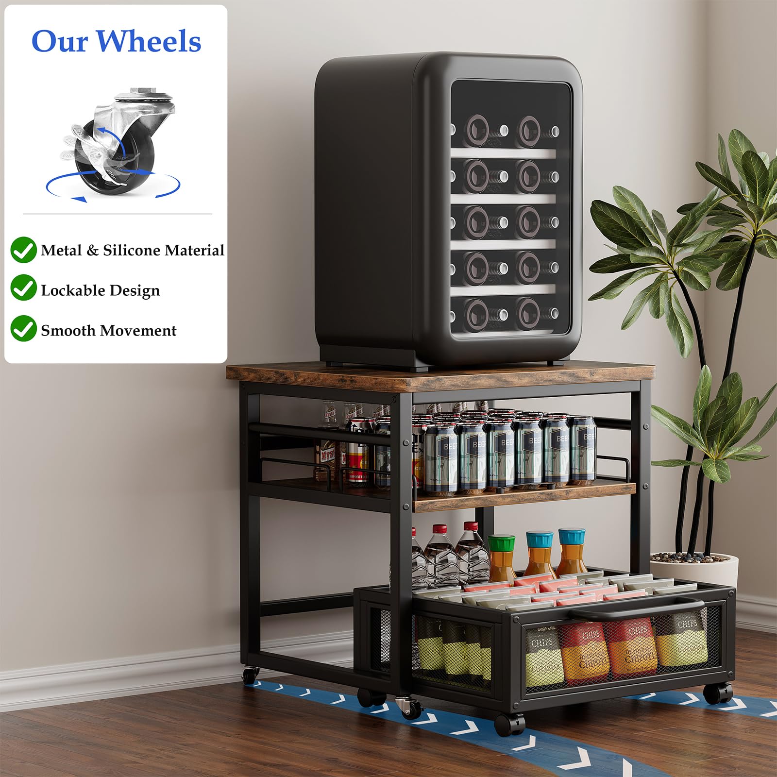 DDJ Mini soporte para refrigerador con almacenamiento, mesa de refrigerador resistente de 20.8 x 20.8 pulgadas con estante extraíble y ruedas bloqueables, soporte compacto para refrigerador con cesta