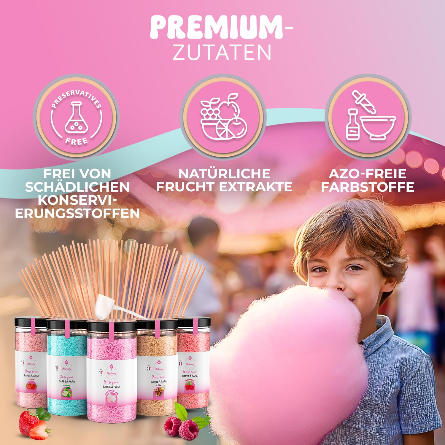 Misskandy®, Zuckerwatte Zucker (Farbstoffe ohne Azofarbstoffe) / Charge (5 * 300Gr)= 1,5kg/Erdbeere, Apfel, Marshmallow, Cola, Himbeere/zuckerwattemaschine zucker/Aromazucker + 50 Stäbchen (Free)