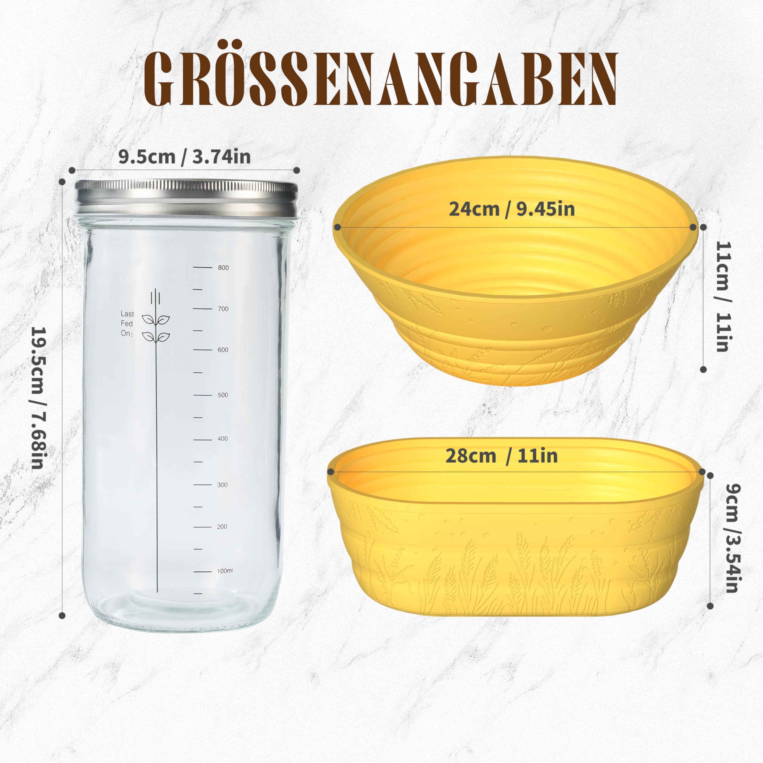 BICRET Lot de 15 accessoires de cuisson au levain avec panier de fermentation motif de blé, verre de fermentation, thermomètre, panier à pain, couteau à pâte, cadeau pour débutants (jaune)