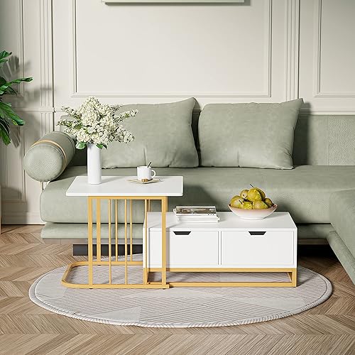 Miniatura 3 de Cozy Castle Moderno juego de 2 mesas de centro desmontables 2 en 1 pequeñas cuadradas y rectangulares para sala de estar blancodorado