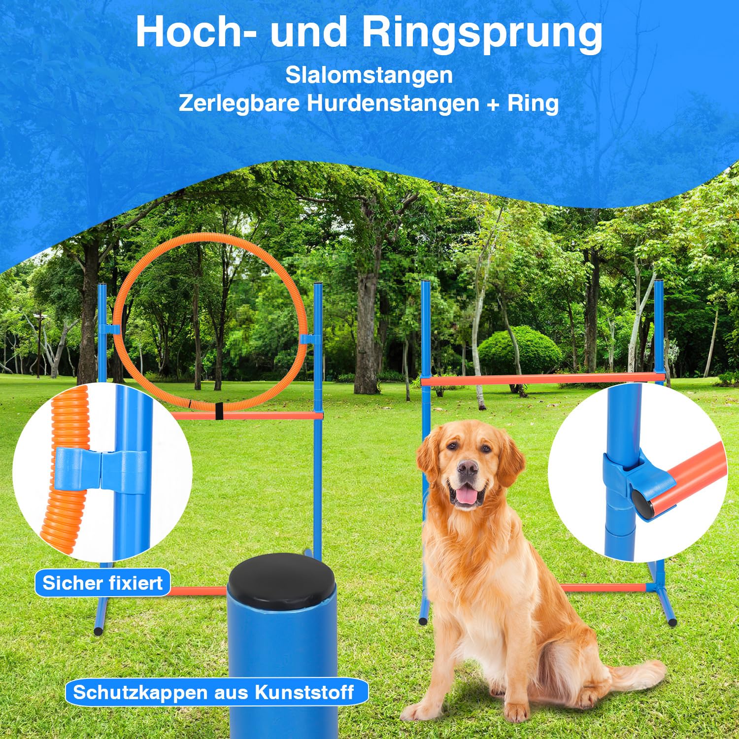 Agility Set Hunde, 5-teiliges Set Agility-Ausrüstung für Hunde, Slalom, Agility Hürde, Sprungring & Hundetunnel, 8 Slalomstangen, Ball, Pfeife, Tragetasche, Hundeparcour, Hundesport