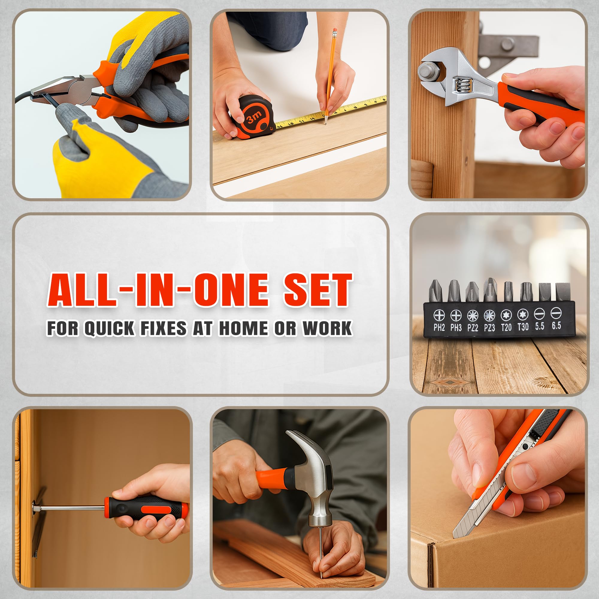 IBELL HT17-30 Hand Tool Kit (14 Pieces) | DIY & Household Repair Set with Screwdriver, Claw Hammer, Plier, Wrench, Knife, Measuring Tape & Bits | Durable Steel Tools in Hard Carry Case - Image 7 thumbnail