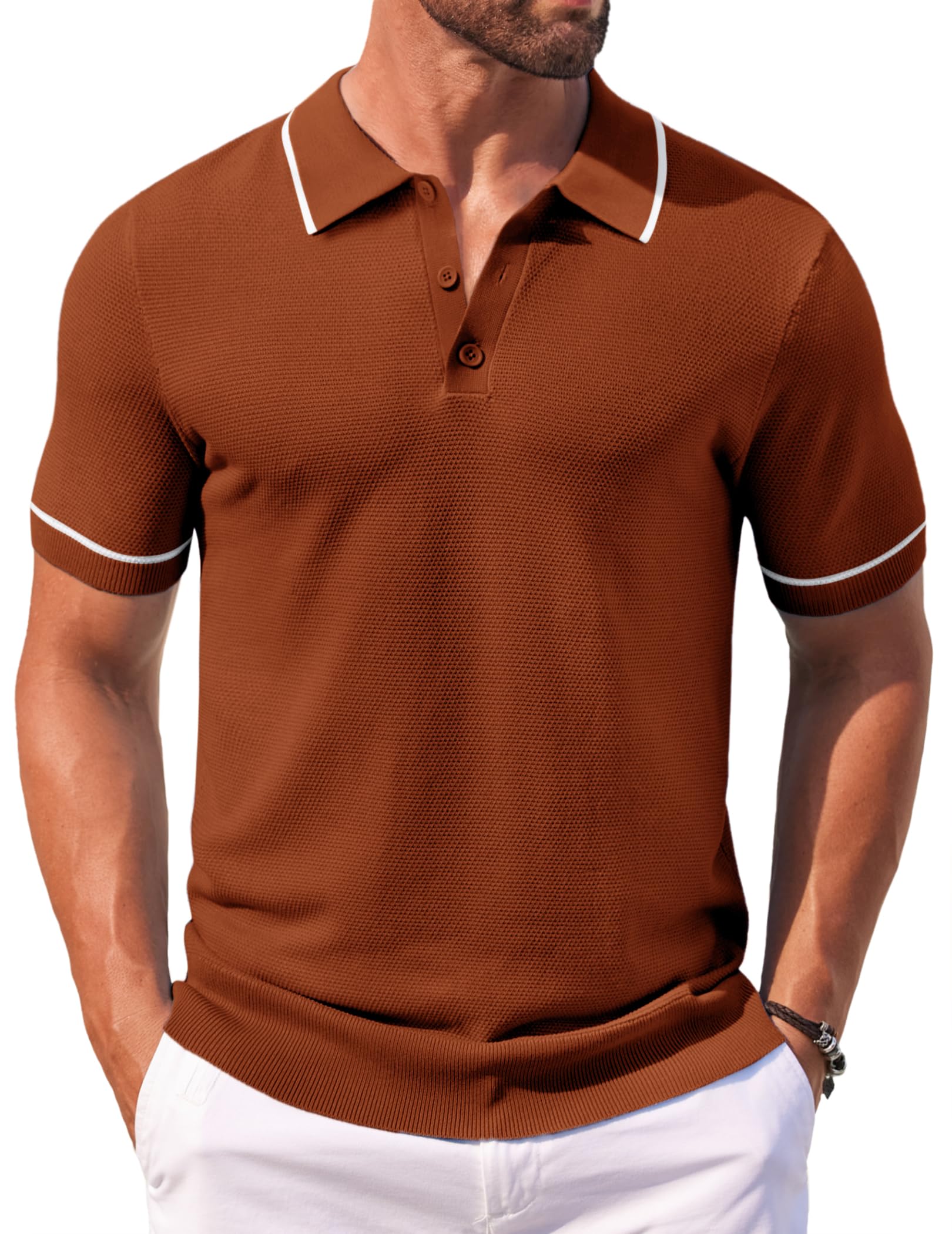 COOFANDY Men's Knit Polo Shirts Casual Short Sleeve Button Down Shirts Crochet Classic Golf Polo Collared Shirts