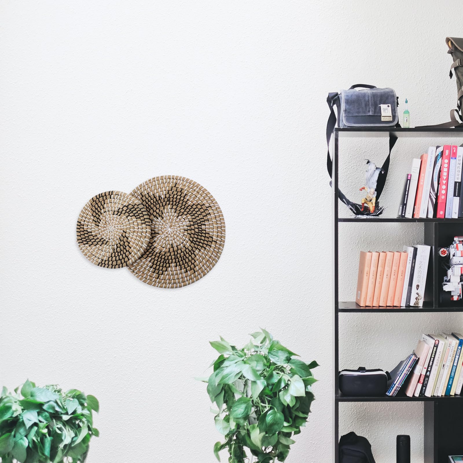 2 Piezas Adorno de Pared de Disco Geométrico de Mimbre Beige