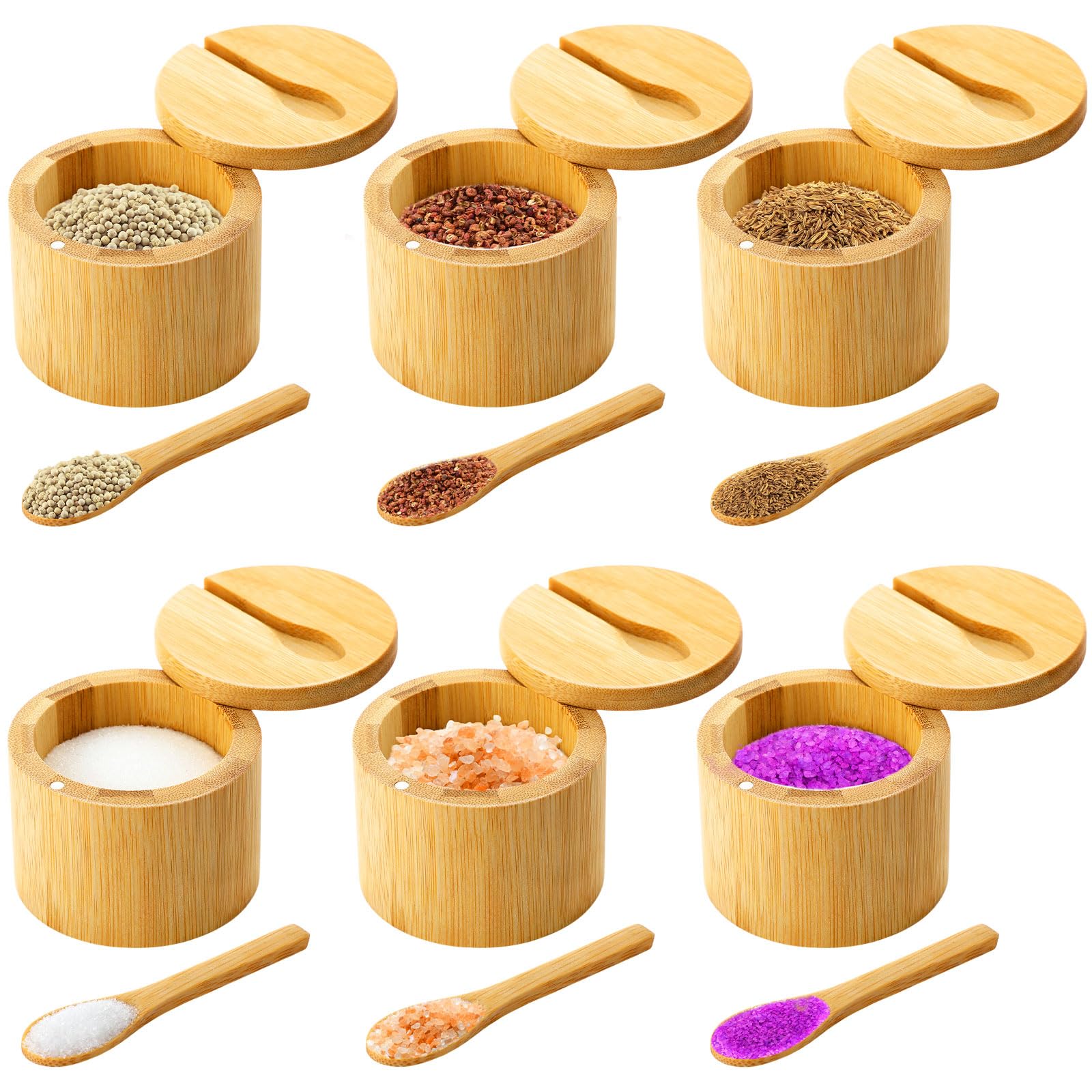 Honeydak 6 PCS 6oz Bamboo Salt Cellar Salt Container with Magnetic Swivel Lid & Spoon Bamboo Storage Box Bowl Elegant Kitchen Holder Saver Jar to