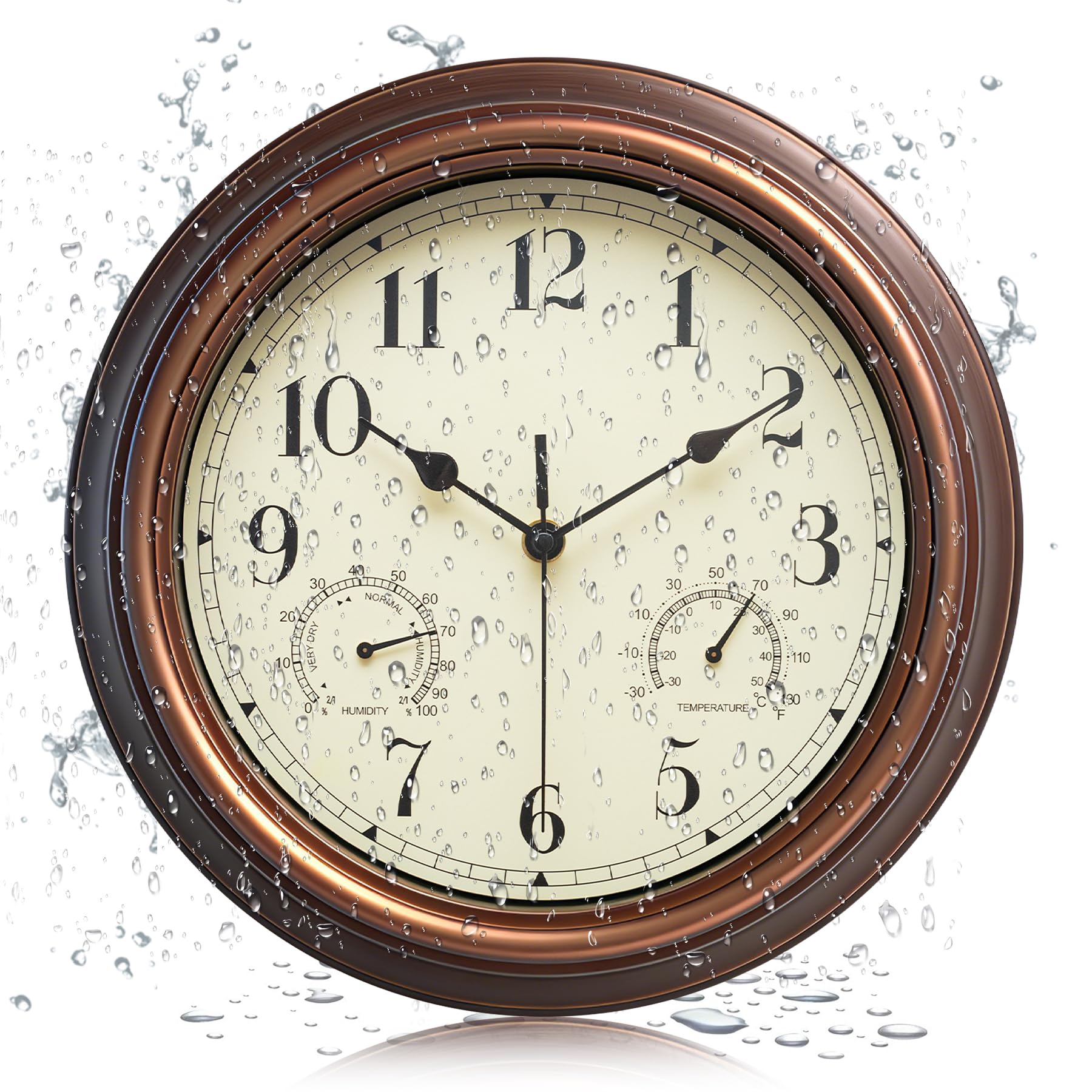 Horloge murale de jardin d'extérieur étanche vintage avec thermomètre et humidité, 30 cm, sans tic-tac, horloge à suspendre pour terrasse, piscine, porche, jardin, salle de bain, cuivre rouge