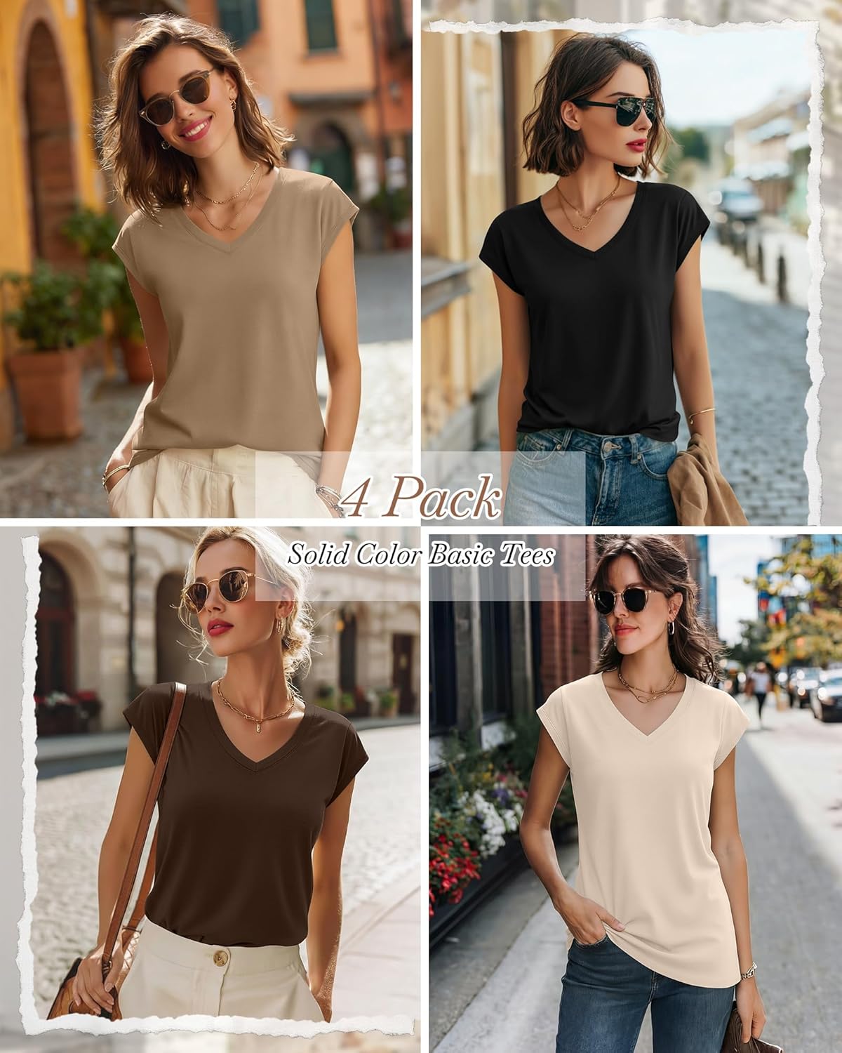 4 Pack Women's V Neck T Shirts Cap Sleeve Tops Trendy Short Sleeve Basic Tees Summer Casual Fashion Clothes - Image 5