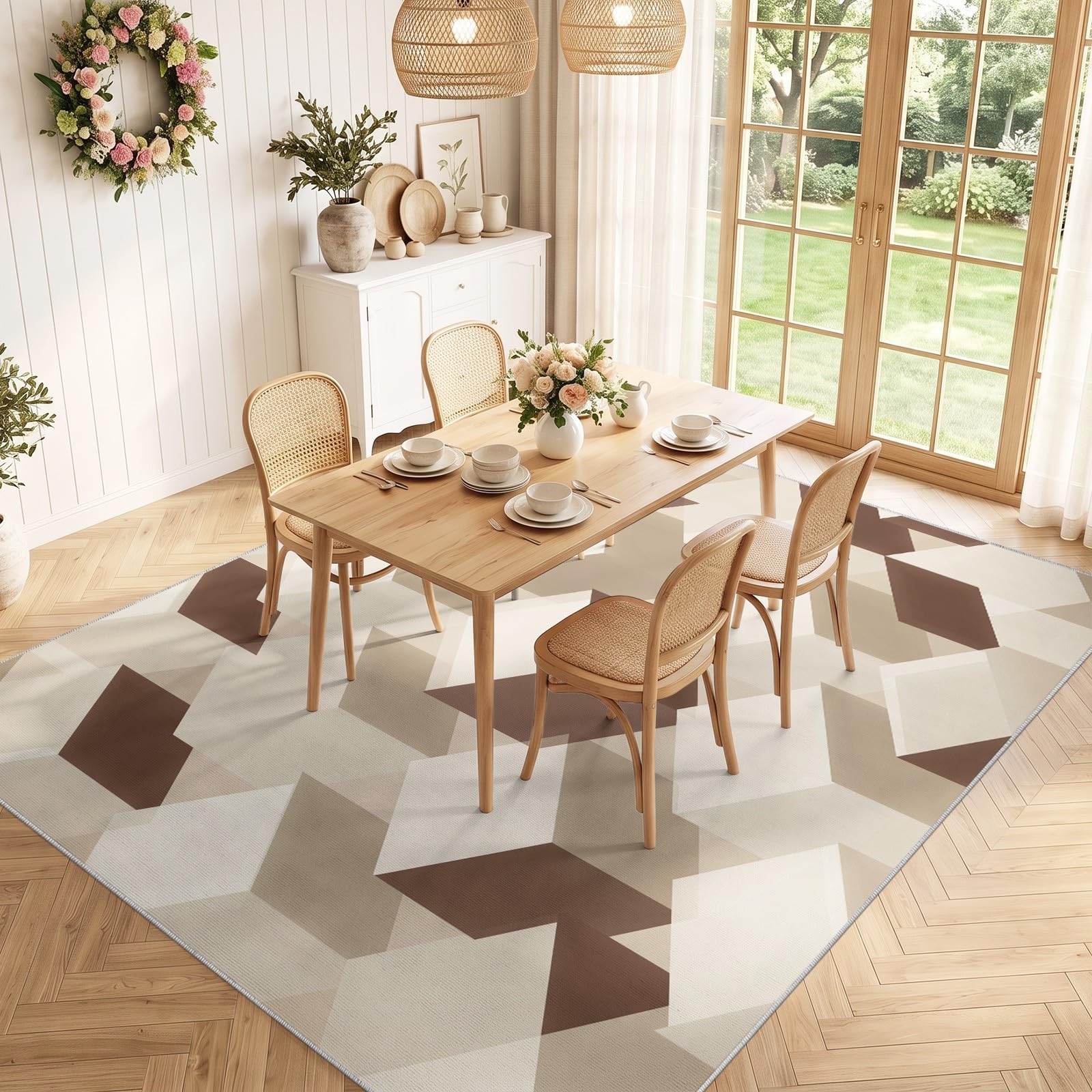 Tapis Lavable Imprimé Cubes 3D Losanges Beige 240x300 cm pour Salon Chambre