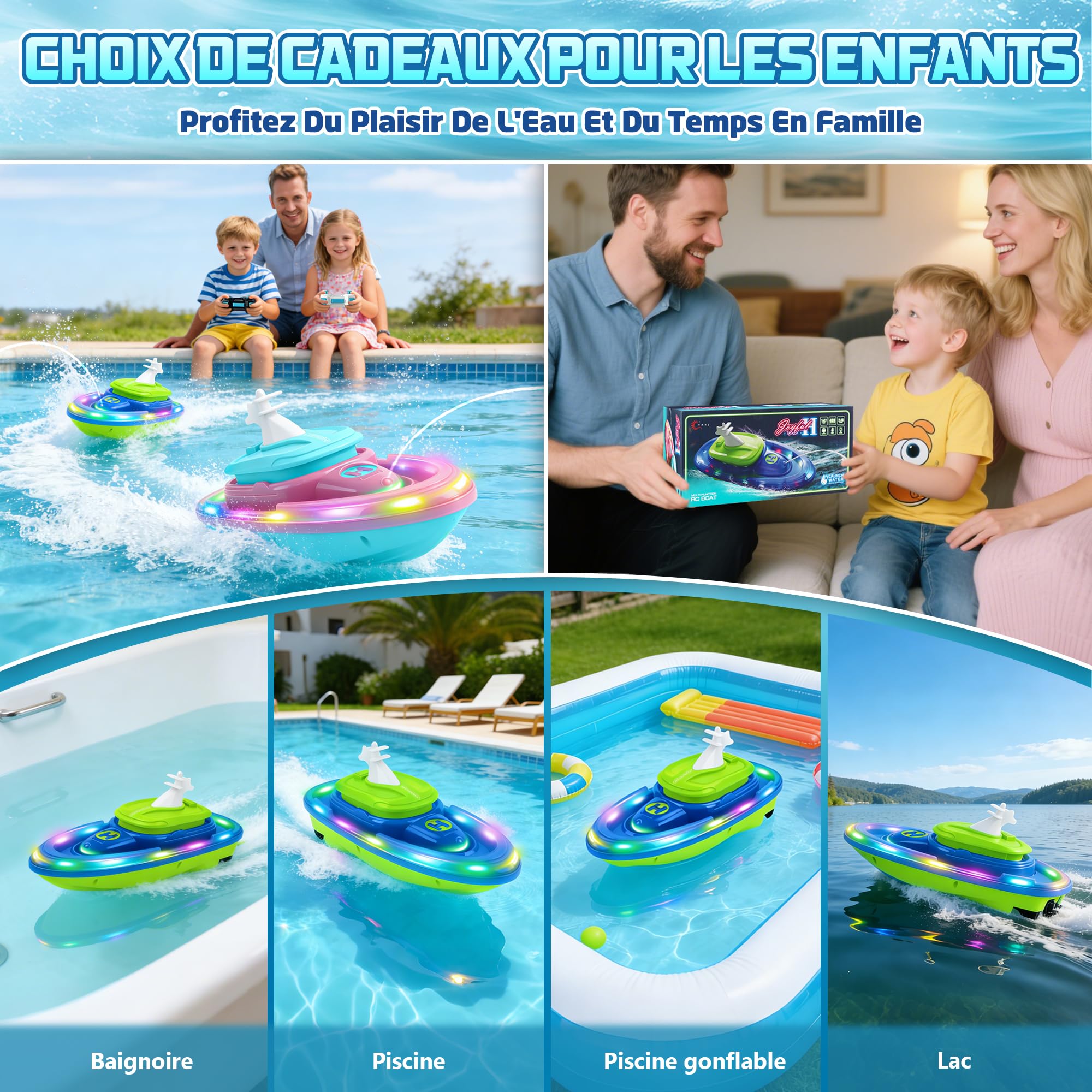 FORMIZON Bateau Ttélécommandé, sous Marin Télécommandé avec Fonction de Projection d'eau, Bateau RC Étanche, Bateau Radiocommandé avec lumière et Rotation à 360 Degrés (Blau)