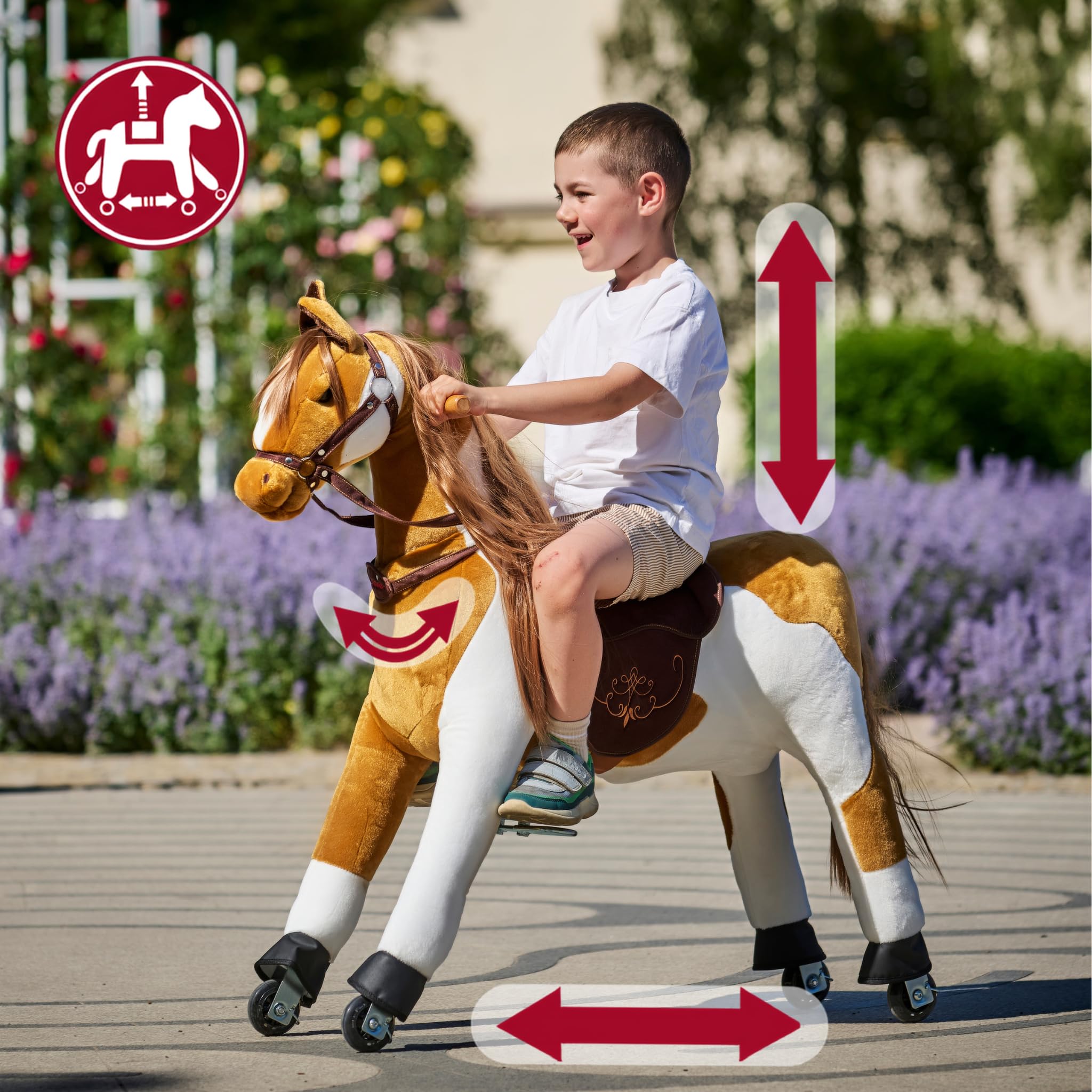 PONNIE Reitpferd mit Rollen Misty M (5-12 Jahre), Spielpferd zum Reiten mit Abnehmbarer Braun Sattel und Halfter mit Zaumzeug, Kämmbare Mähne und Schwanz, Plüschpferd zum Reiten für Kinder