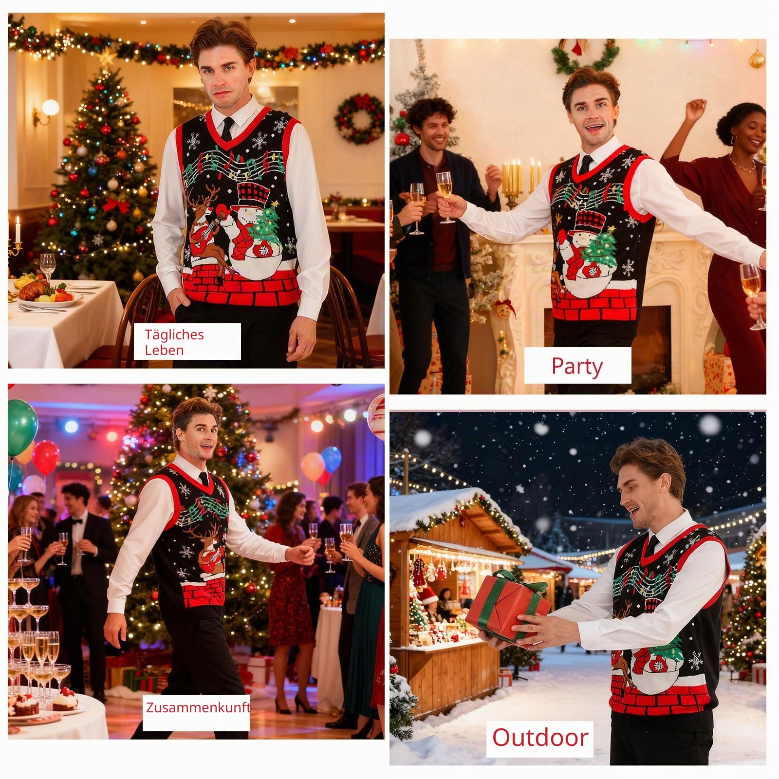 Loveternal Herren Pullunder Weihnachten V-Ausschnitt Christmas Strickweste Ärmellose Pullover Relaxed Fit Weste Sweater Vest für Männer Ugly Strick Pullover Business Tank Tops M-XXL