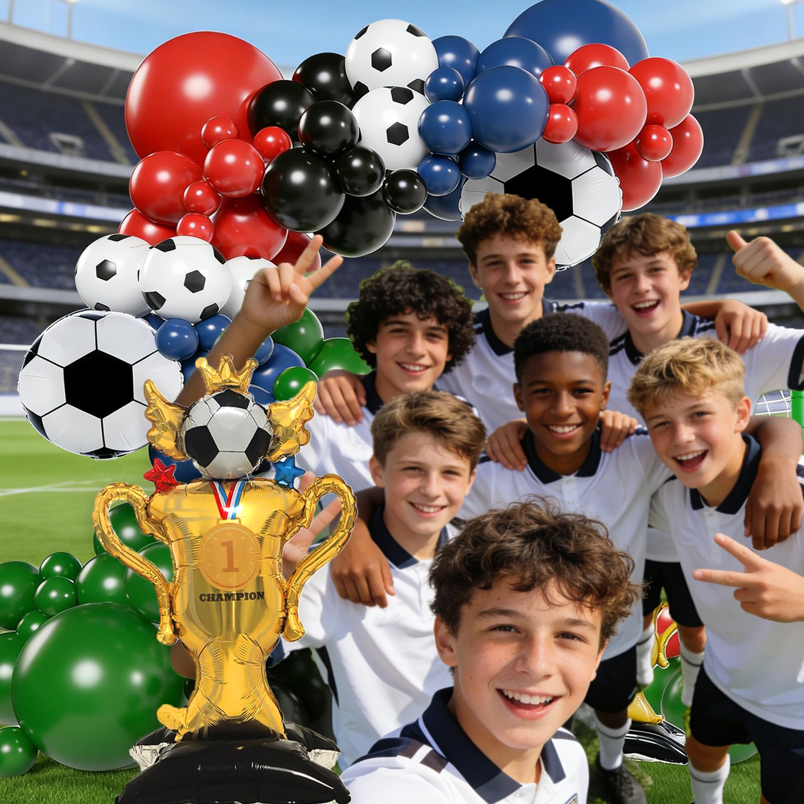 142 pezzi decorazioni per feste di compleanno calcio palloncino arco ghirlanda kit rosso nero polvere blu palloncini con trofeo di calcio palloncini per calcio baby shower Decor ragazzi uomini