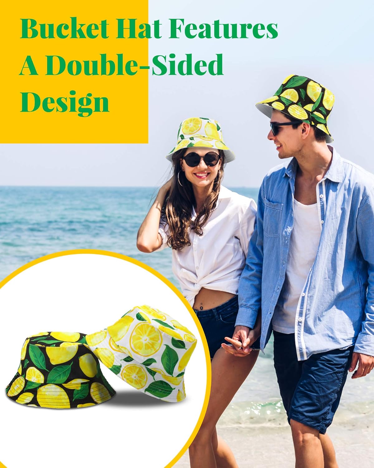 2 Pieces Unisex Lemon Pattern Cotton Bucket Hats Reversible Fisherman Cap for Casual Travel Beach - Image 6