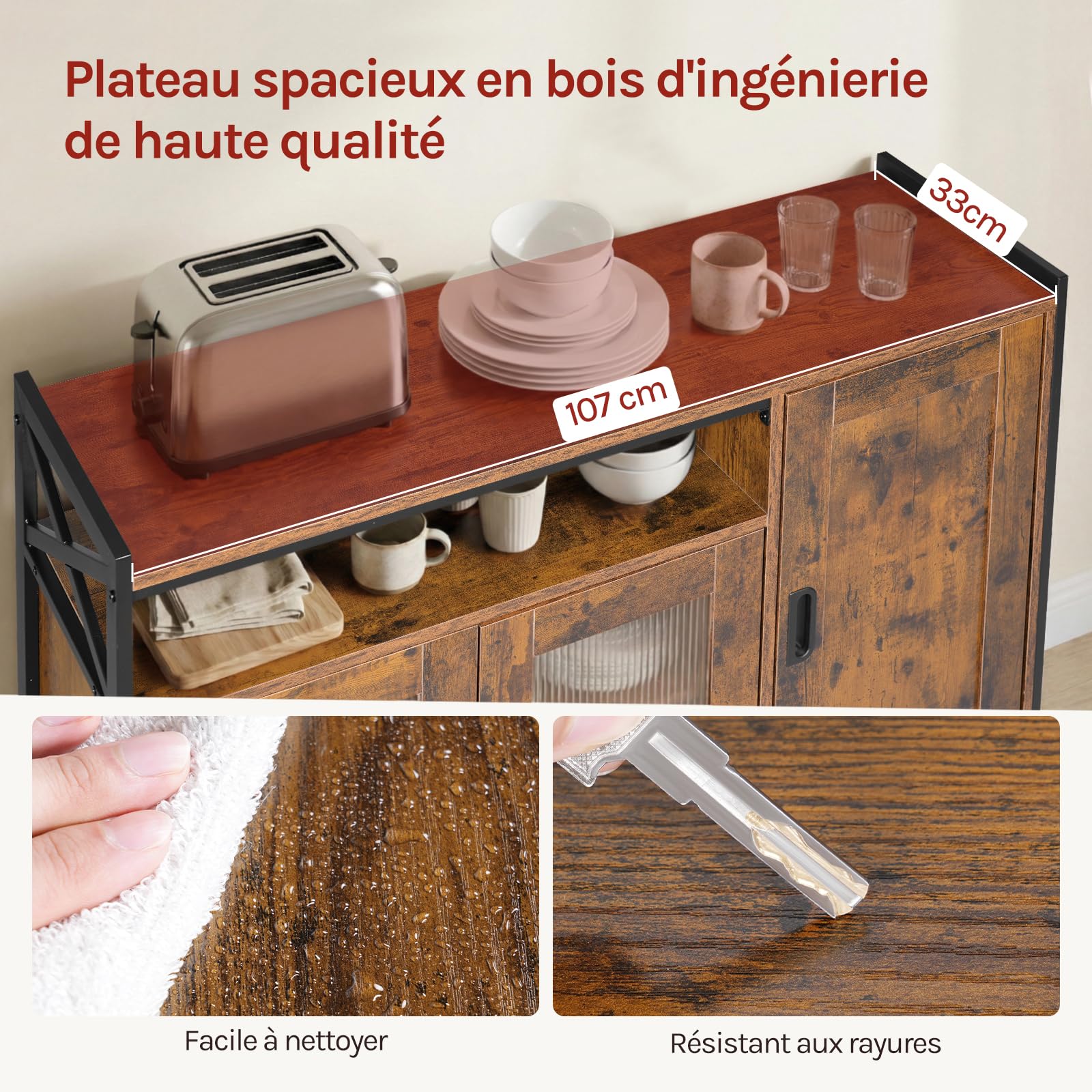 WOLTU Buffet de Cuisine, Meuble de Rangement, avec 3 Portes, Plan de Travail et Compartiment Ouvert, pour Cuisine, Salon, Entrée, 110x33x75 cm, en Bois + Métal, Marron Rustique
